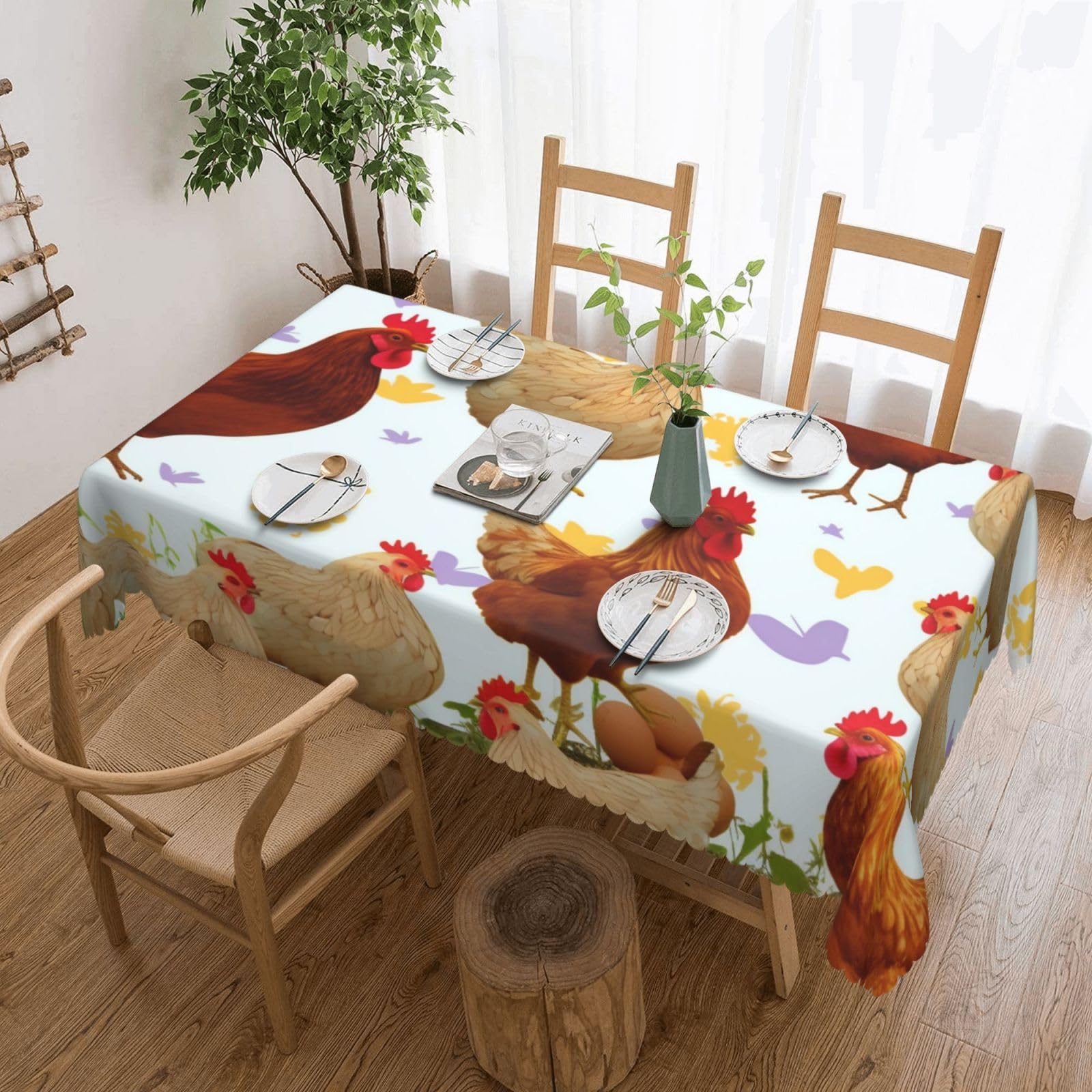 WPKJU A Brood of Chickens Printed Rectangle Tablecloth 72x54 Inch with Lace Trim, Water-Resistant Washable Table Cover for Farmhouse Weddings, Outdoor Picnics & Holiday Dining