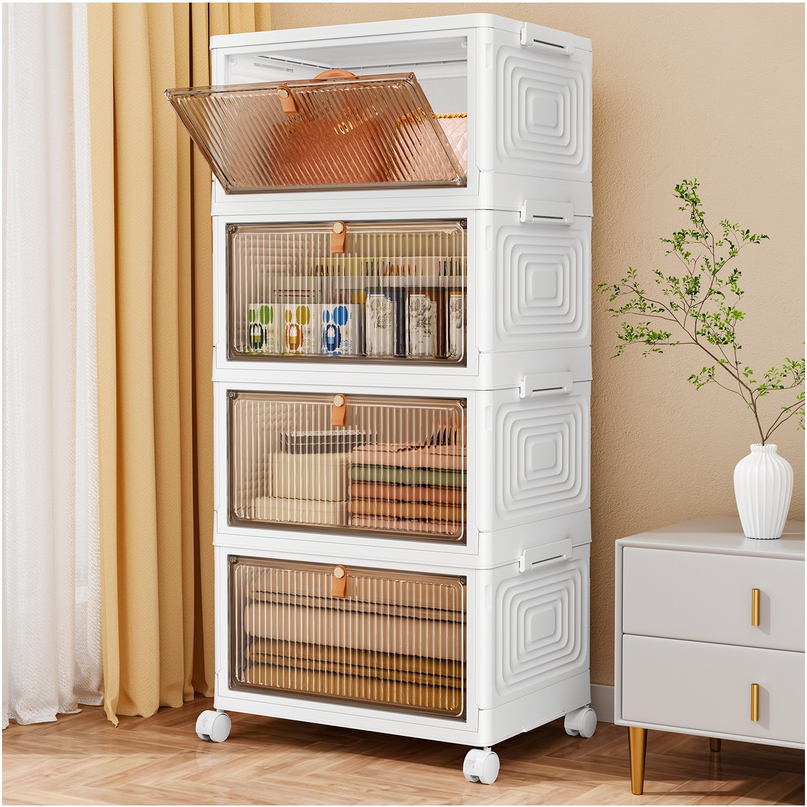 SNSLXH 4 Tier Plastic Storage Bins with Lid 23QT, Stackable Storage Containers with Wheels, Folding Storage Box, Stackable Storage Bins, Closet Organizers and Storage for Living Room,Office,Dorm