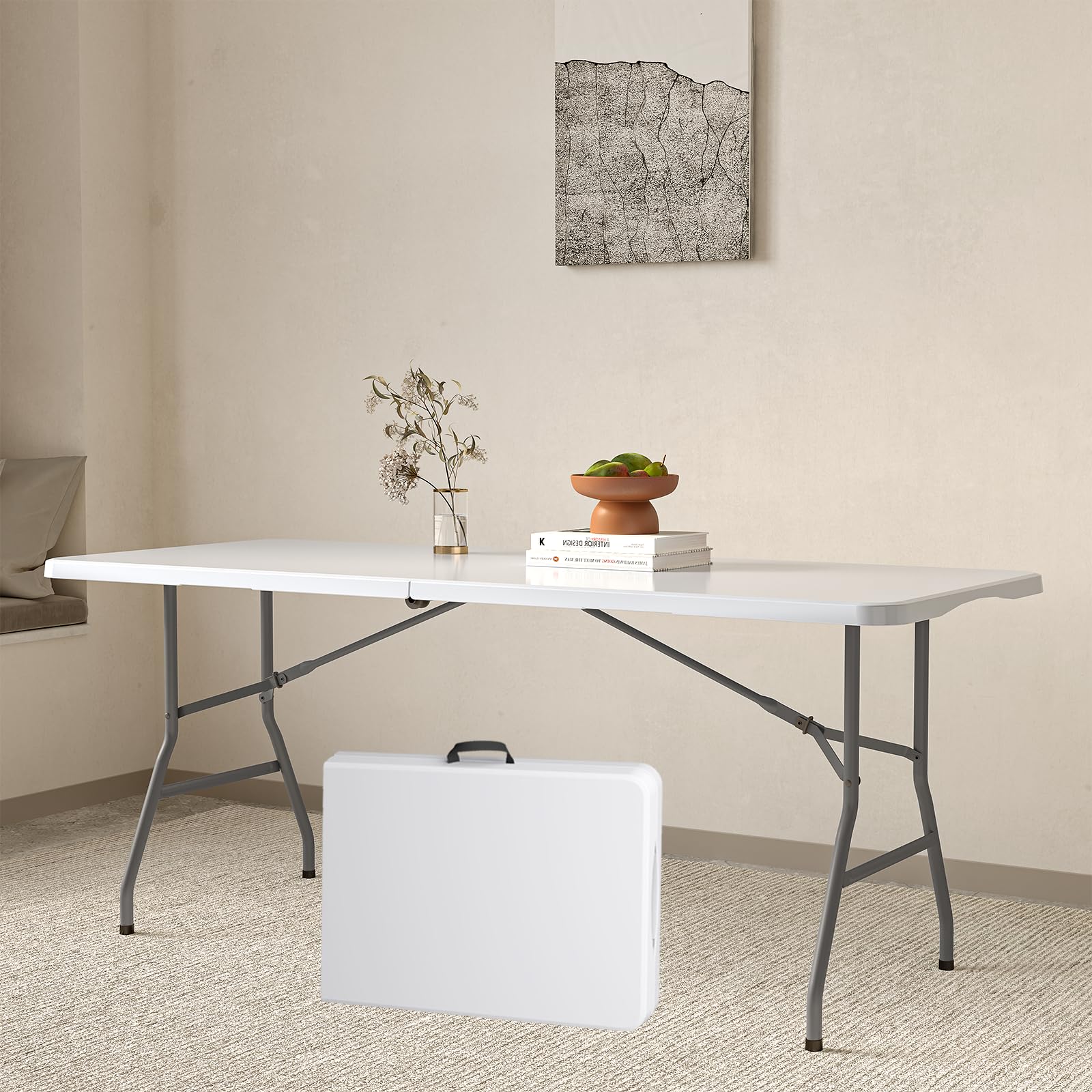 Mesa de picnic plegable de 6 pies para exteriores, portátil, mesa plegable para camping, fiestas, con asa de transporte (blanco, 1 unidad)