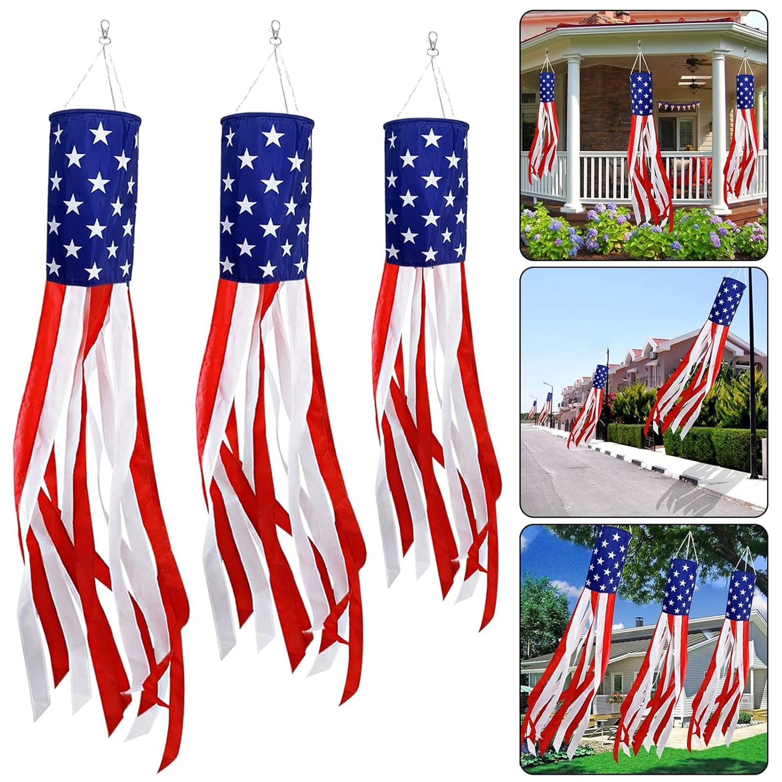3 Pack 70+60+40 Inch Large American Flag Windsock Patriotic 4th of July Decorations Stars Stripes US Wind Sock Outdoor Hanging Garden Yard Red White Blue Memorial Day, National Independence Day Decor