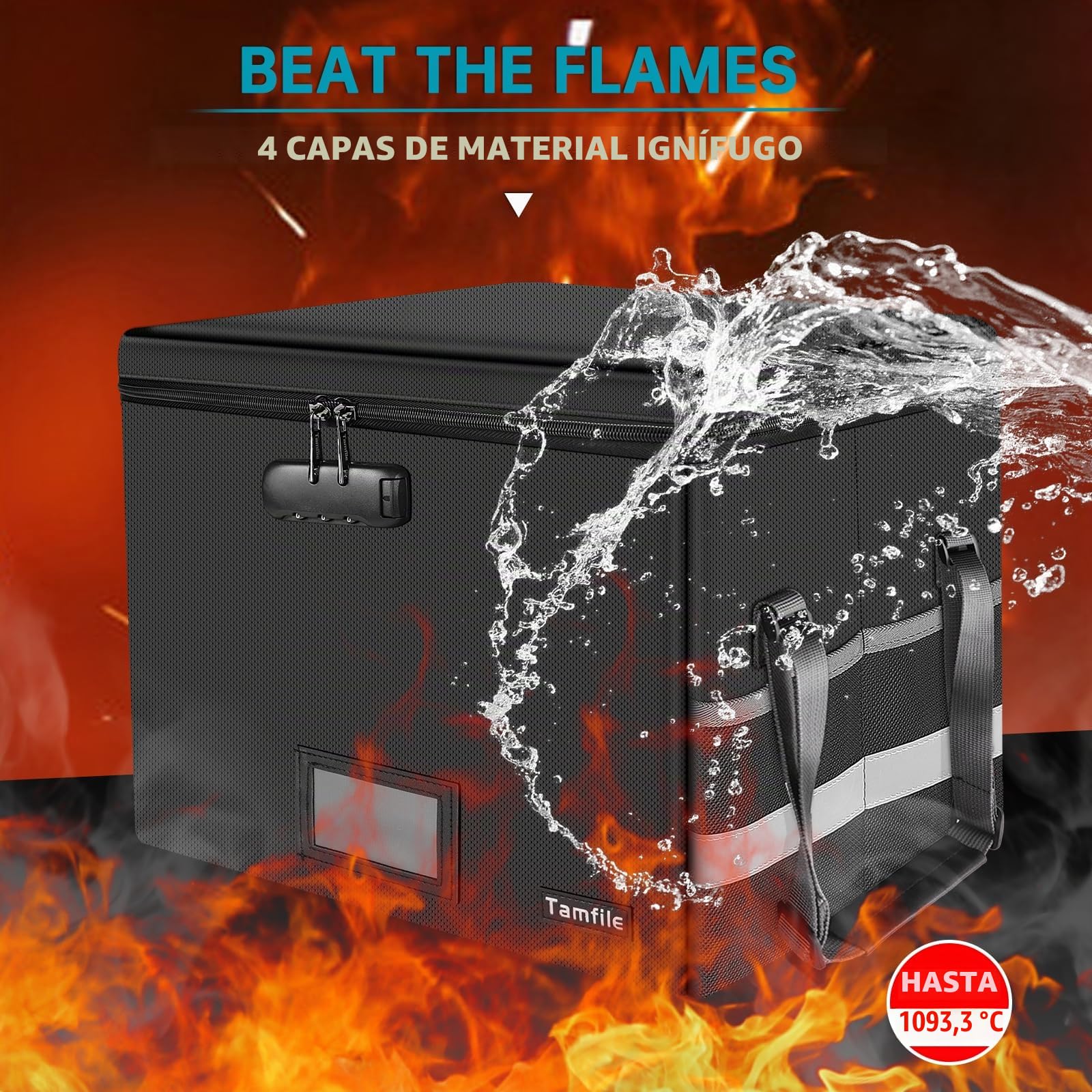 Tamfile Caja de documentos ignífuga y organizadora de archivos impermeable con cerradura, plegable con cremallera, portátil para oficina y casa con asas