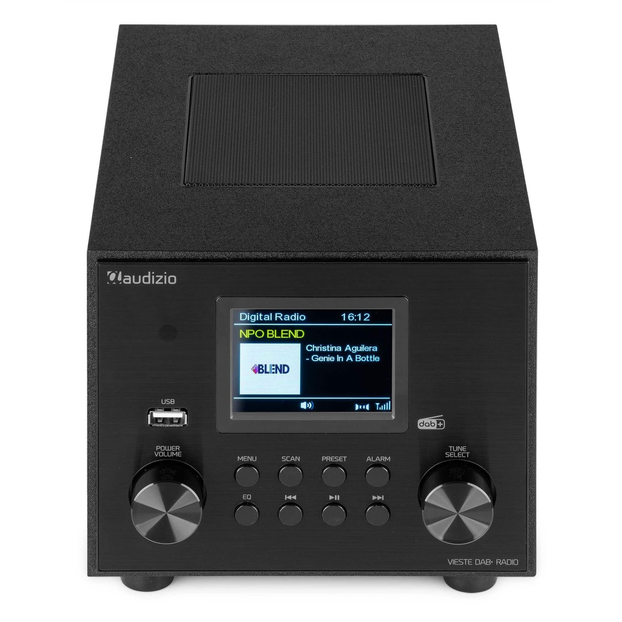 Audizio Vieste - Radio DAB+ con Bluetooth, subwoofer 60 W, FM, USB MP3, ingresso AUX, doppia sveglia, telecomando, design moderno e compatto, colore nero