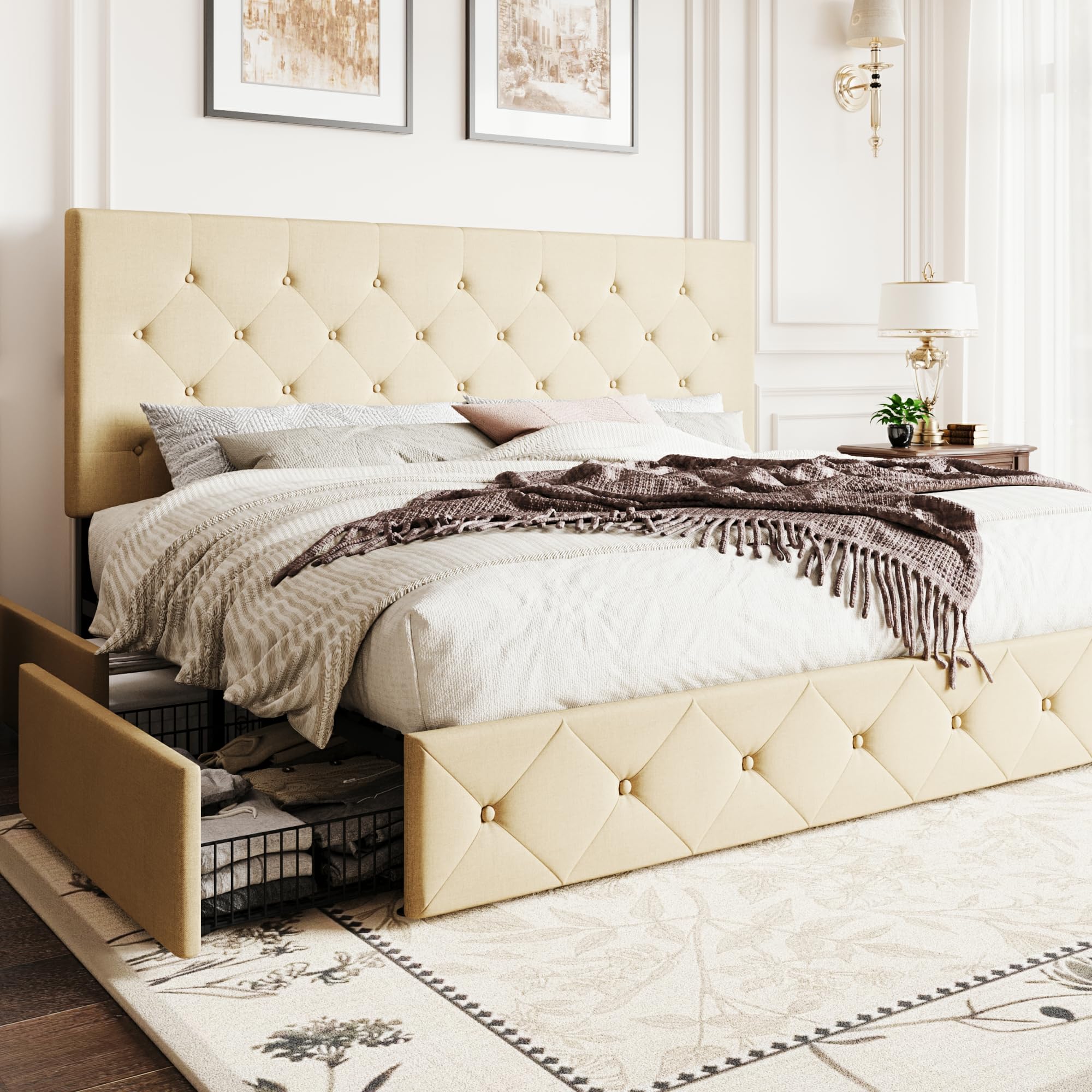 SHA CERLIN Upholstered King Size Platform Bed Frame with 4 Storage Drawers, Adjustable Headboard with Diamond Stitched Button Tufted Design, Wooden