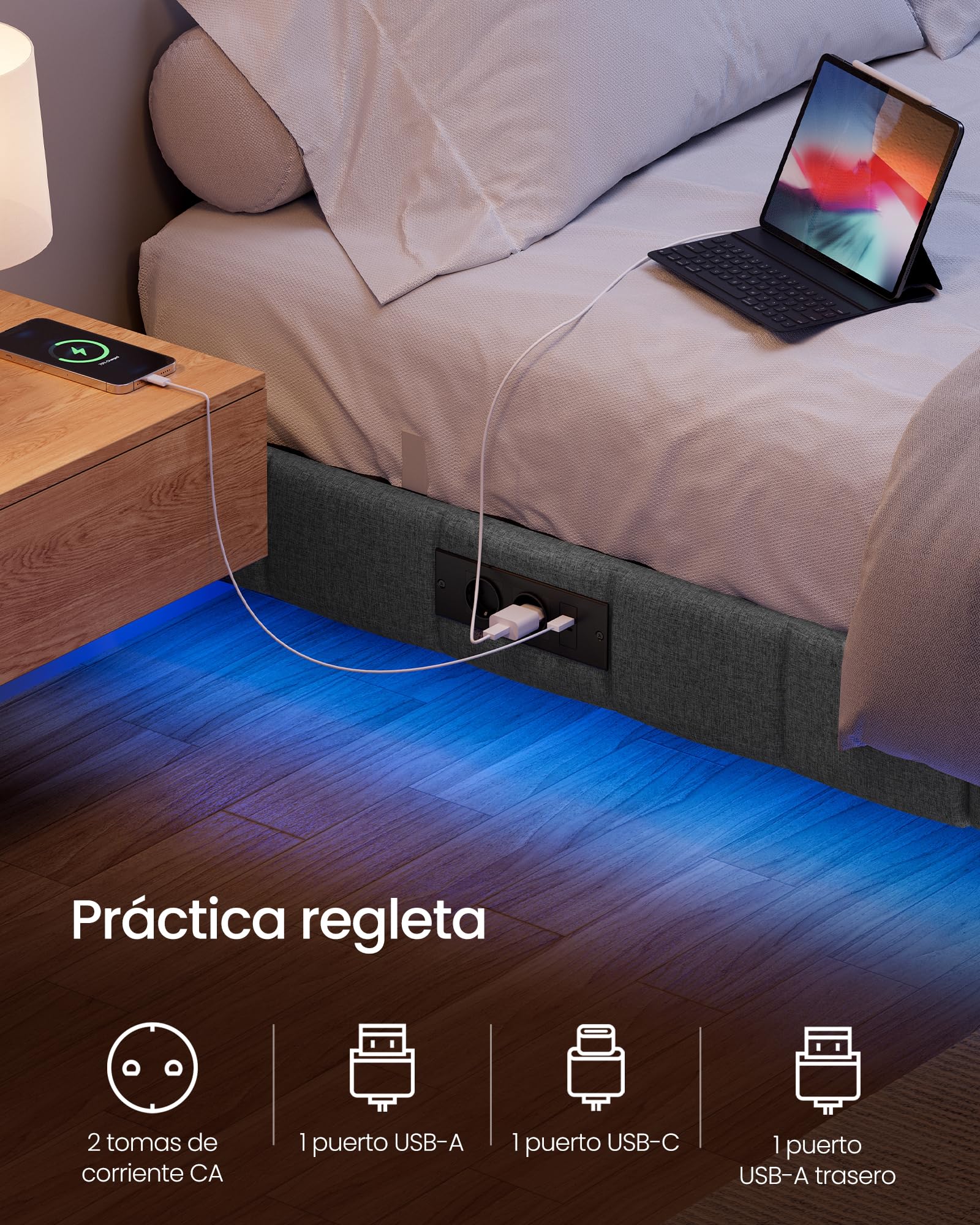 VASAGLE Marco de Cama Flotante, 140 x 200 cm, Bordes Acolchados, LED, 2 Tomas de Corriente, 1 Puerto USB-A, 1 Puerto USB-C, 1 Puerto USB-A Posterior, Carga de 500 kg, Gris Pizarra RMB164G101