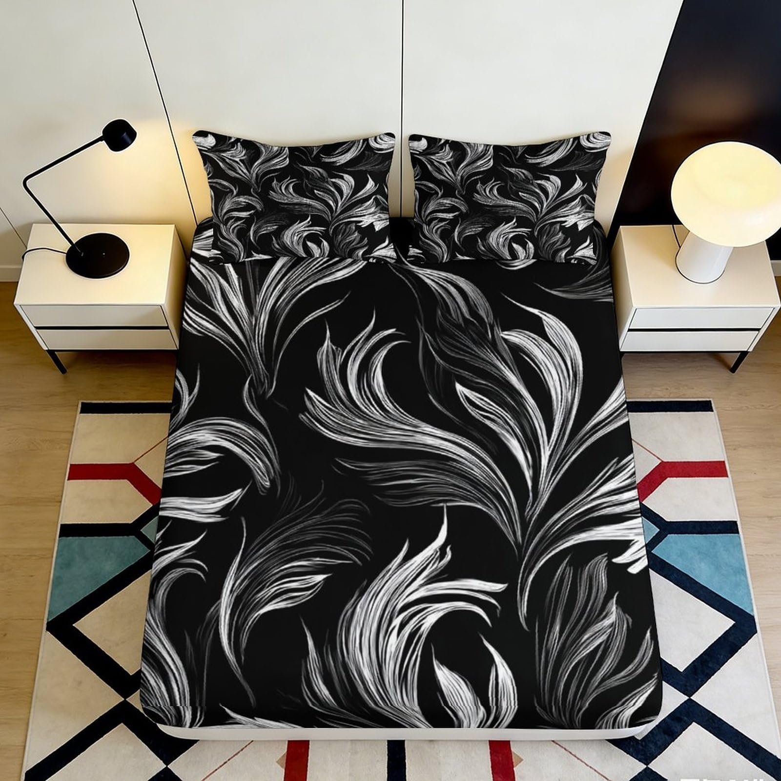 3D Printed Black Feather Pattern Fitted Sheet Microfiber Soft Bedroom Decor Abstract Leaf Bed Cover 90x200x25cm