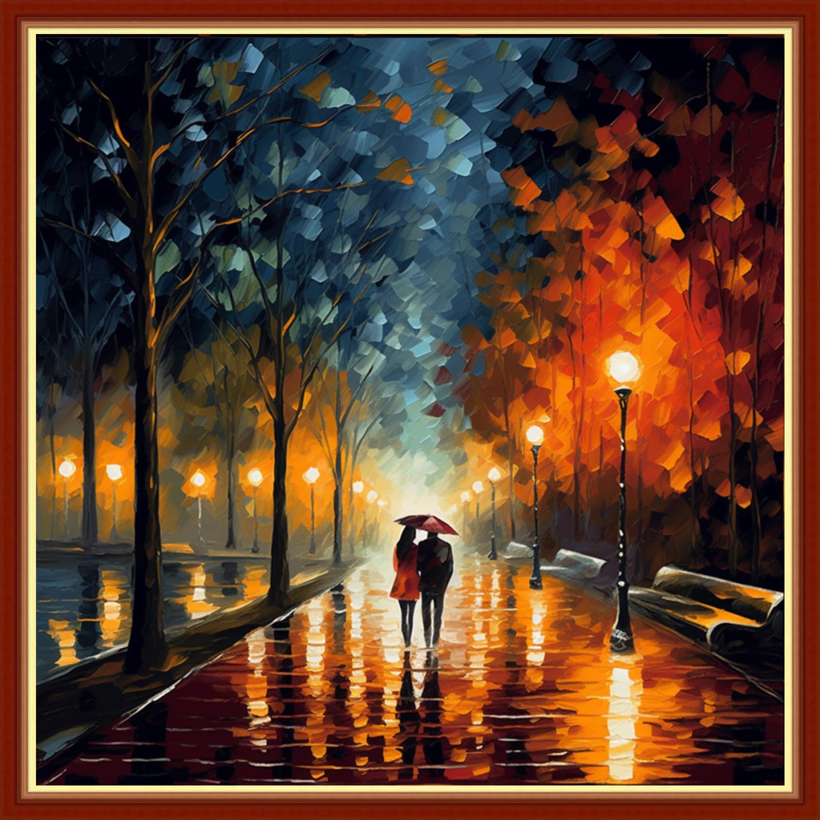 Findvoor Stamped Cross Stitch Kits for Beginners Full Range of Cross Stitching Embroidery Pattern for Adults, 11CT DIY Needlepoint Embroidery Starter Kits-Rainy Night 17.7x17.7 inch