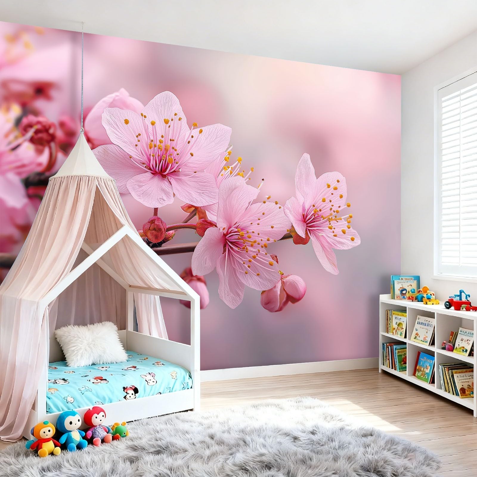 Tapeta z motywem, 250 x 175 cm, motyw kwiatów wiśni, wodoodporna, dekoracja ścienna do pokoju młodzieżowego i kącika gamingowego, różowa