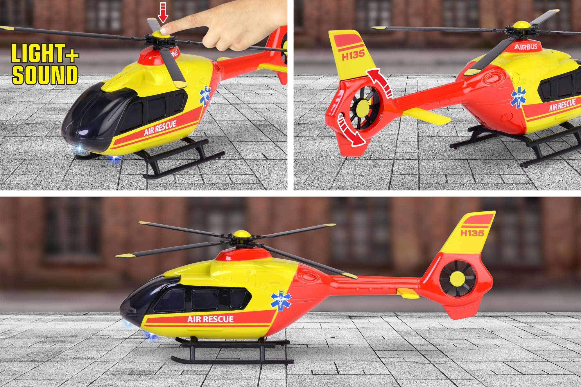 Majorette - Rettungs-Helikopter Airbus H135 (rot/gelb, 25,5 cm) - großer Spielzeug-Hubschrauber mit Metall-Rumpf, Drehpropeller, Licht & Sound, für Kinder ab 3 Jahre