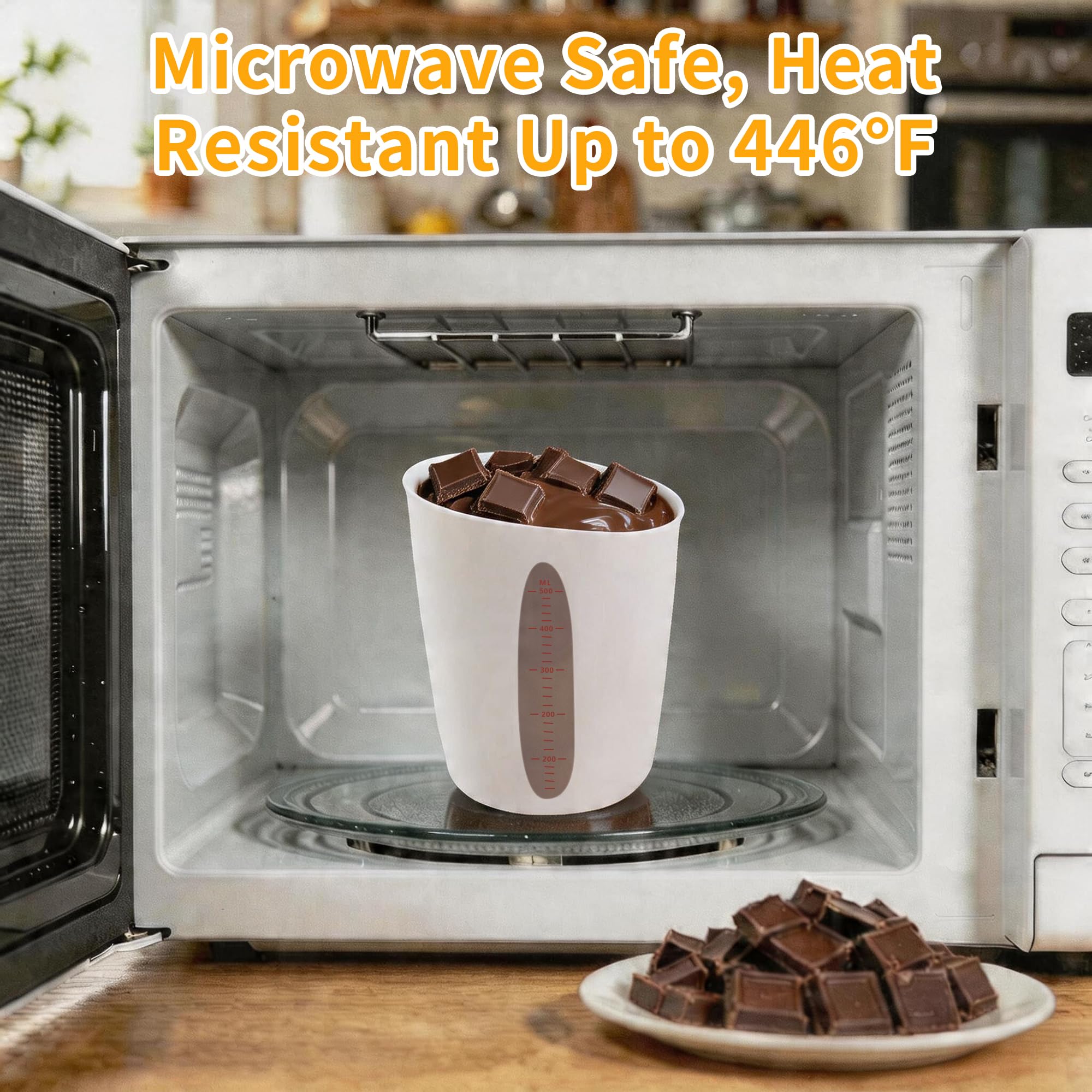 Schokoladenschmelzbecher-Set aus lebensmittelechtem Silikon, mit 3 BPA-freien Silikon-Messbechern (1/2 Tasse/1 Tasse/2 Tasse) und 3 hitzebeständigen Glasspateln, Antihaft-Backzubehör für