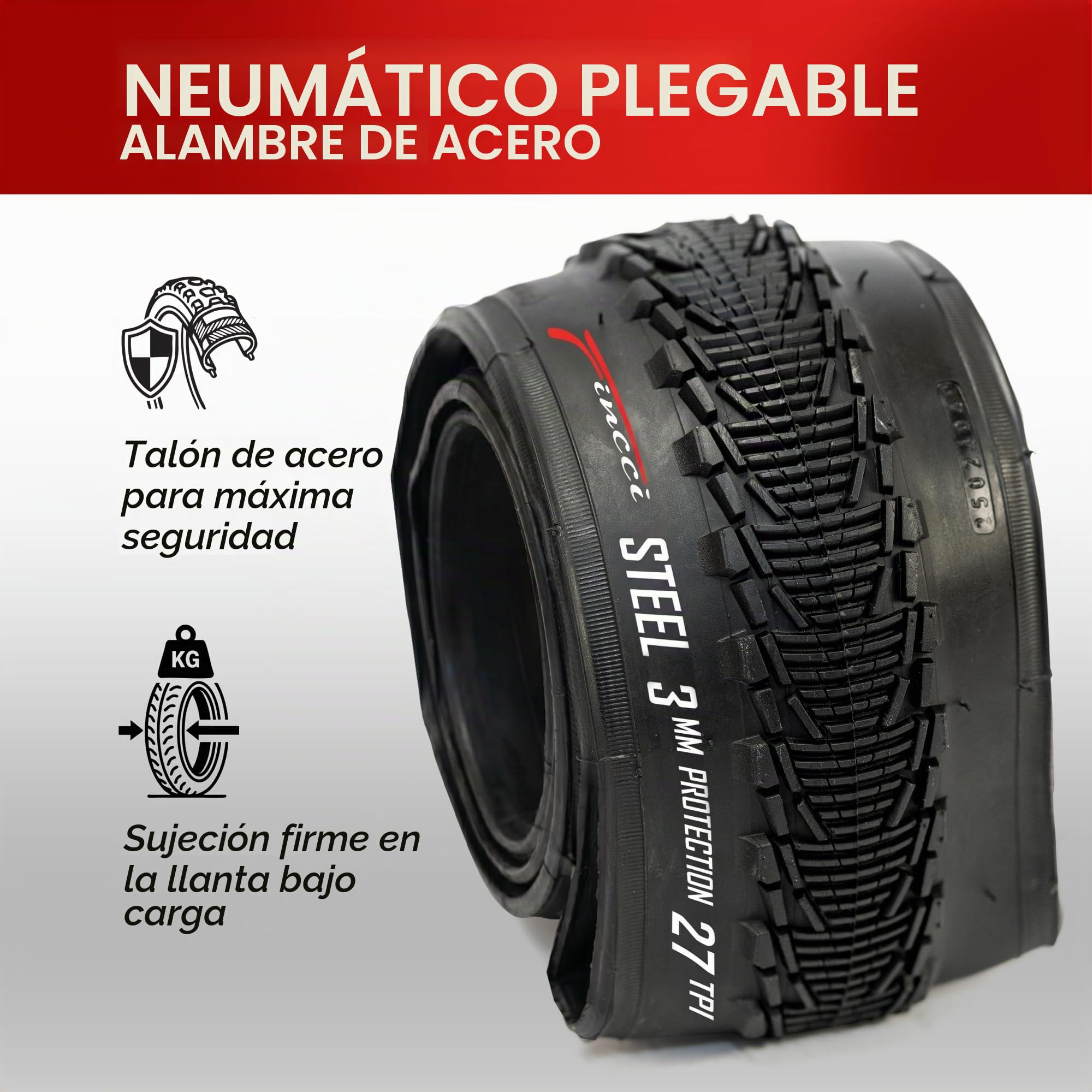 Fincci Cubierta Bicicleta 26x1.95 53-559 Plegable con Protección 3mm