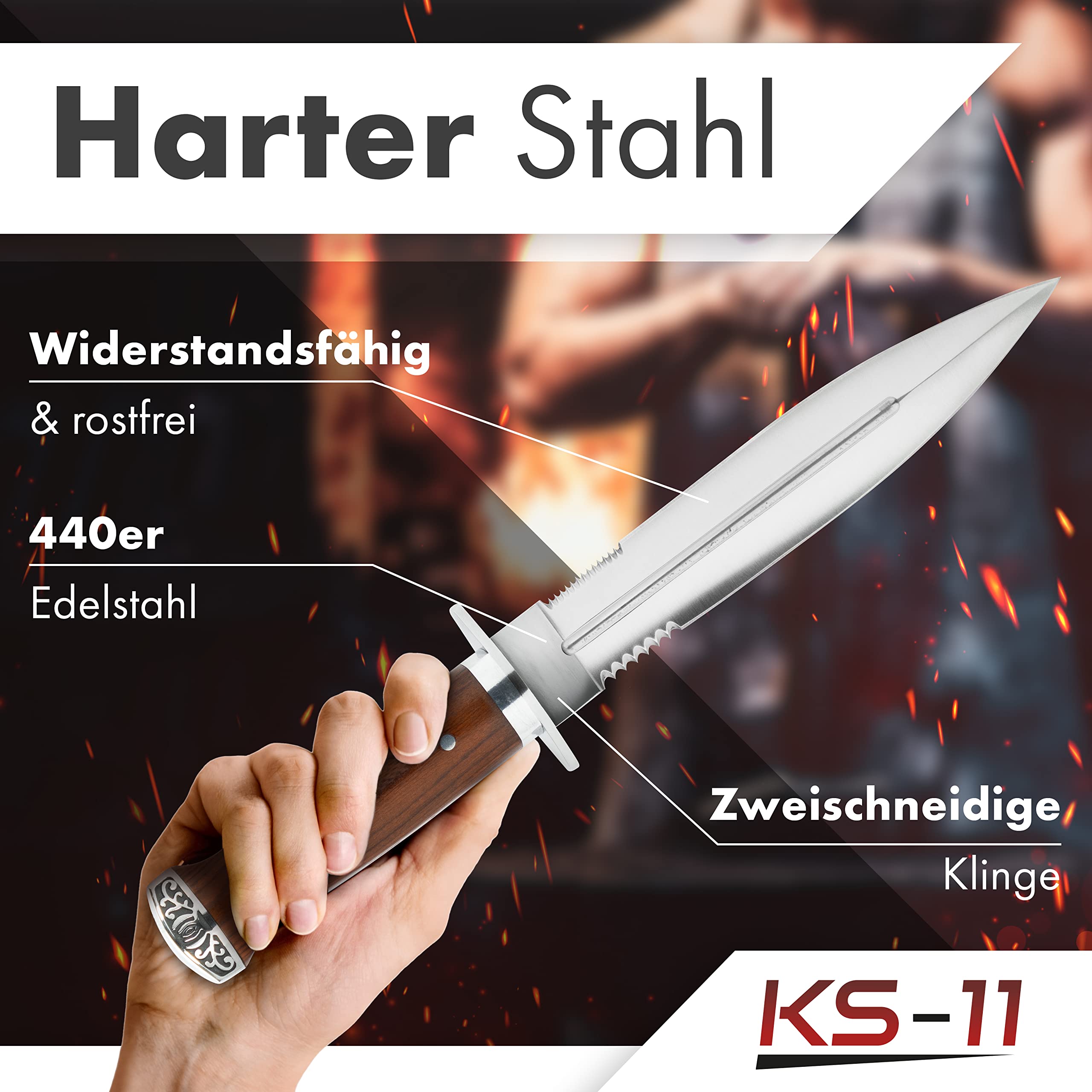 2er Set Outdoor Messer feststehend 33cm großes Jagdmesser mit Holzgriff und Nylonholster - Survival Messer Outdoor Dolch – bushcraft Knife - Bowiemesser - USA Sabber