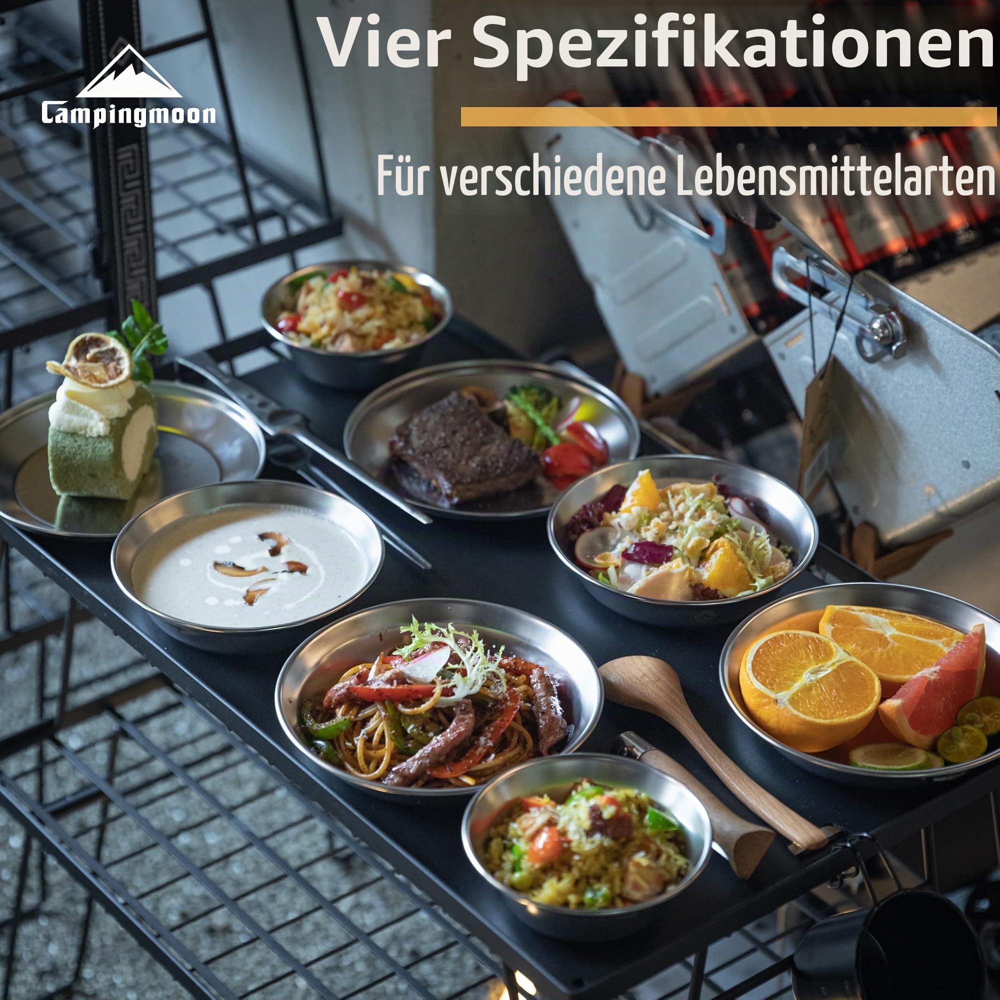 camping moon Campingmoon S395-1S Camping-Teller-Set, Edelstahl, spülmaschinenfest, Küchengeschirr S395-1S (8-teiliges Set + Tasche (S395-2S), Standard)