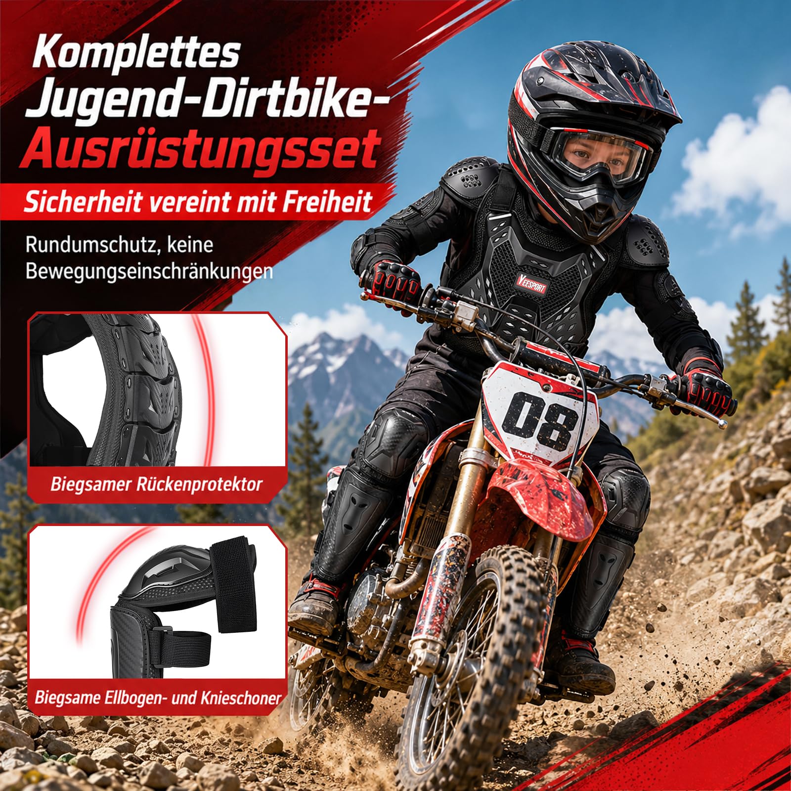 Kinder Brustpanzer Protektoren Set Motocross Schutzausrüstung | Kinder Schutzkleidung mit Protektorenweste, Brustschutz, Rückenprotektor, Kniepads, Ellbogenpads, Mesh-Gewebe und Reflektoren