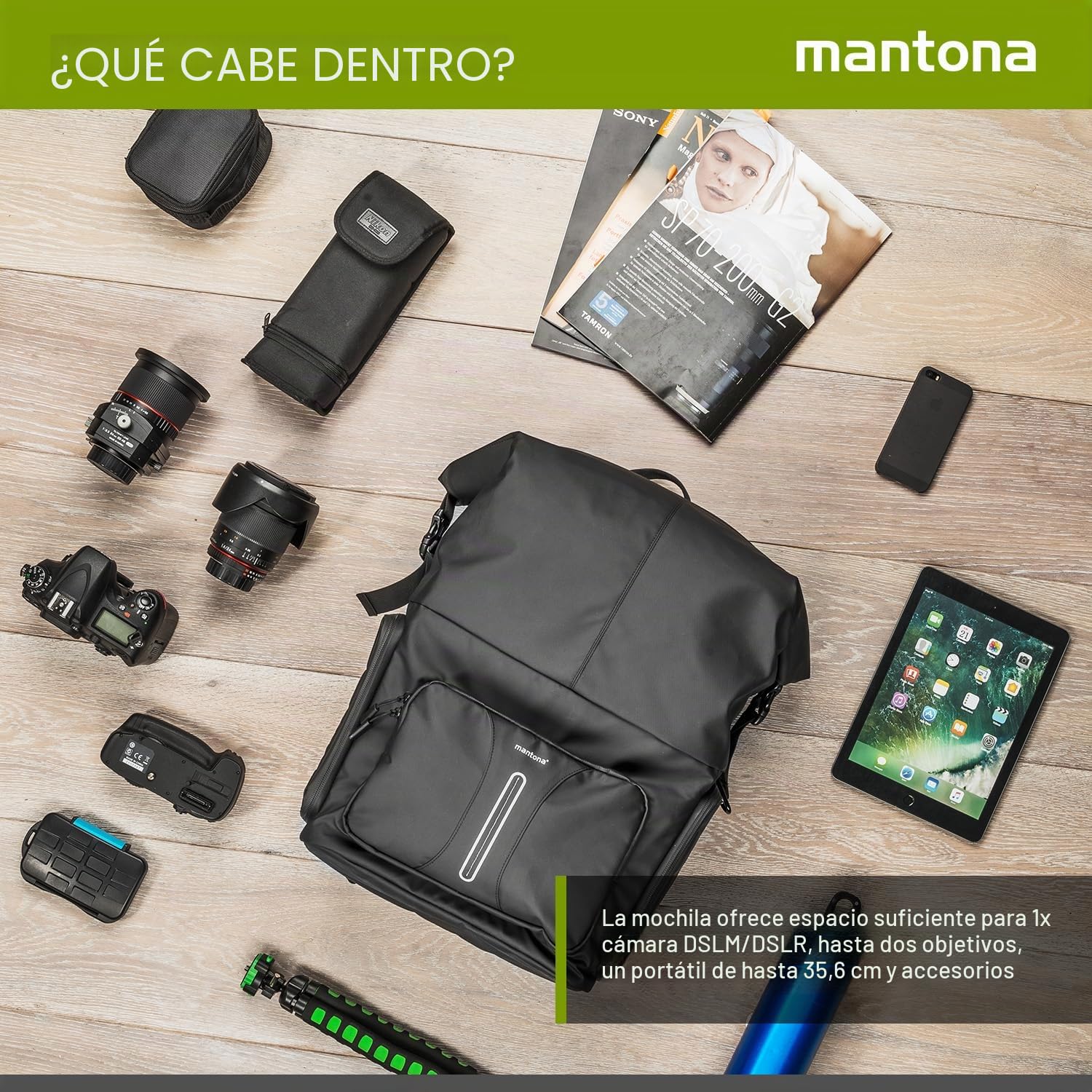 Mantona Mochila para fotos de mensajería, color negro, 210 x 340 x 450 mm, para exteriores, acceso rápido, cierre enrollable, gran capacidad de almacenamiento para cámaras réflex digitales réflex