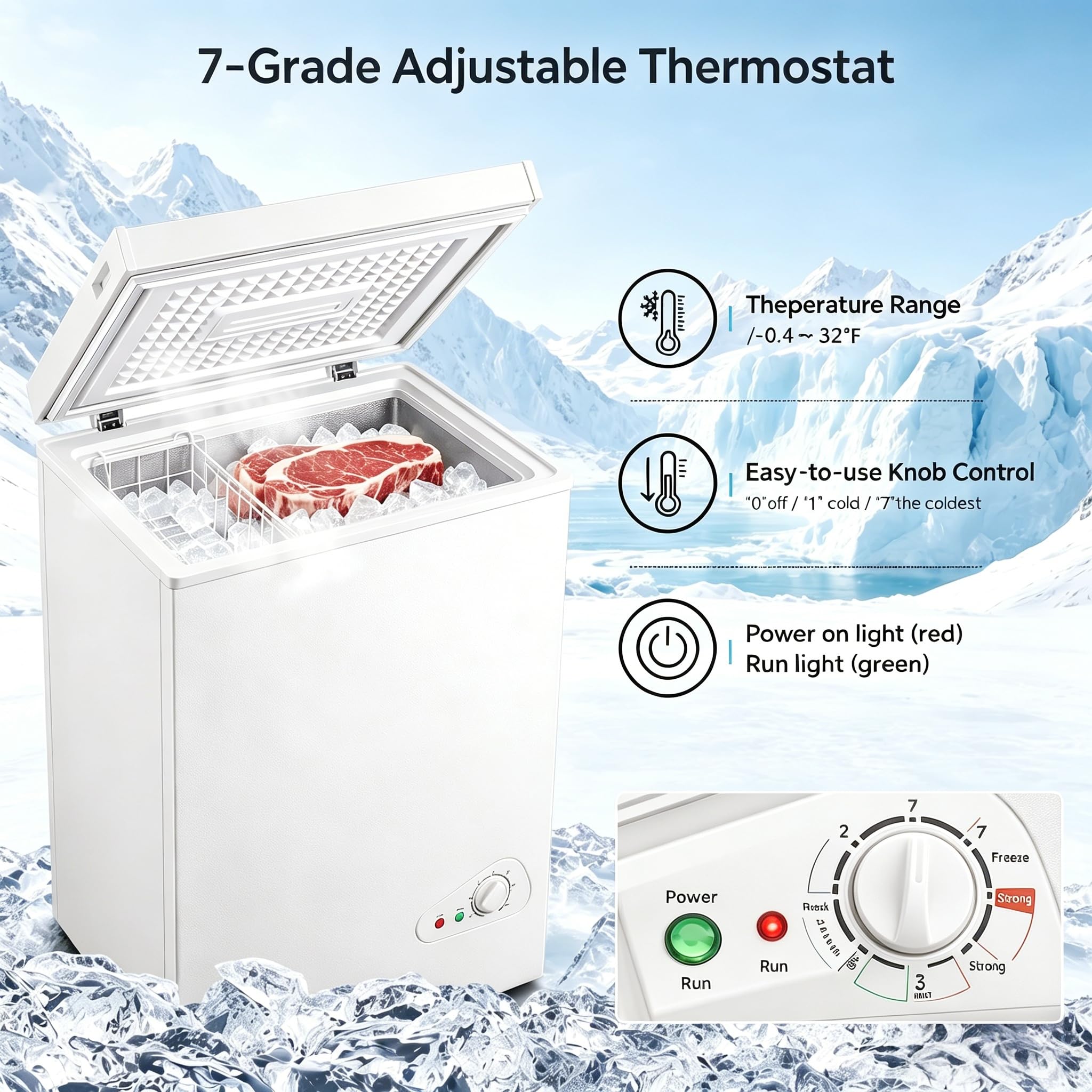 Casanta 2.54 Cu.Ft Compact Chest Freezer, Convertible Mini Deep Freezer And Refrigerator With Removable Basket, Small Freestanding Top Door Ice Box For Home, Garage, Apartment, Office, Glacier White on Fridge.com - View 6