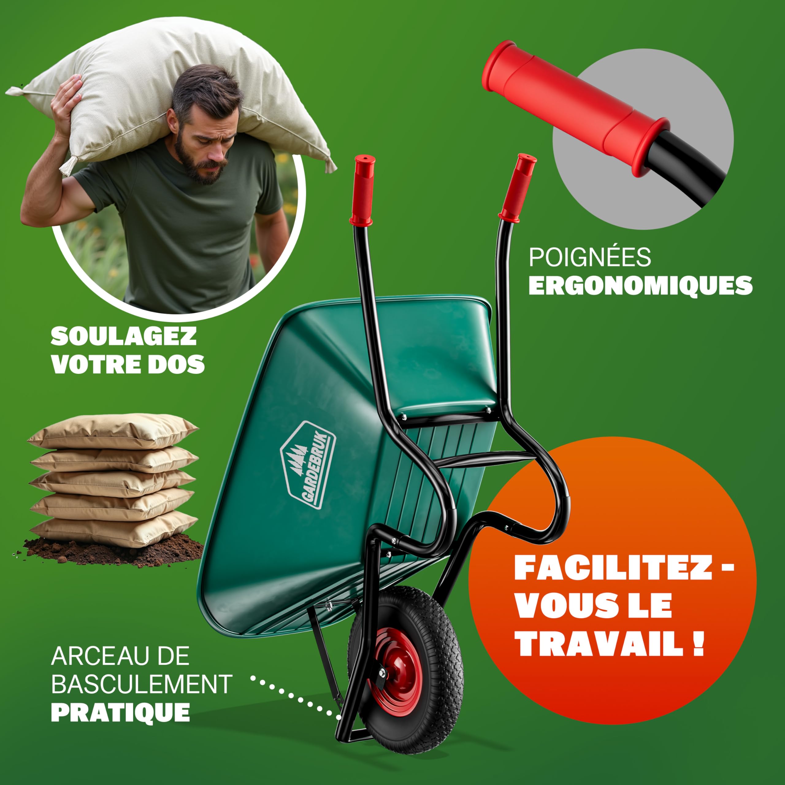 GARDEBRUK® Brouettes Wheelbarrow Brouette Roue Pleine 100 L Charge 250 Kg Cuve en Polypropylène Résistante en Acier Thermolaqué Roue 39 Cm Tout Terrain Jardin Terrasse Chantier