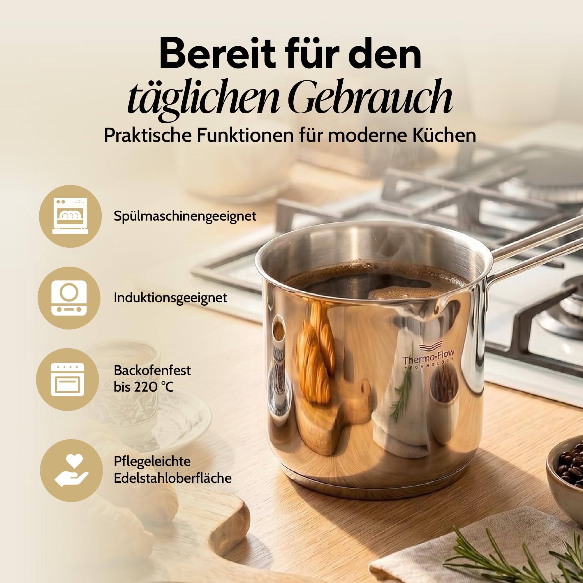 ROSMARINO Edelstahl-Induktions-Mokka-Kanne 900 ml – Türkische Cezve-Kaffeekanne aus 18/10 Edelstahl mit 3-lagigem Thermoboden, Spülmaschinengeeignet