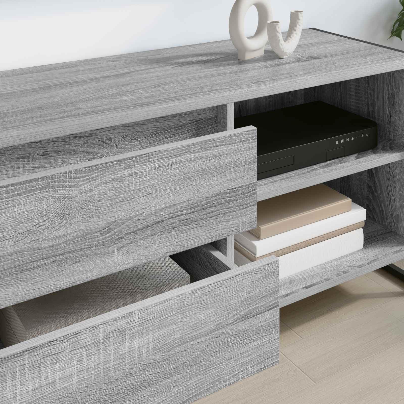 Meble telewizyjne 100 x 36 x 49,5 cm, szary materiał drewnopochodny, konsola medialna z systemem zarządzania kablami i miejscem do przechowywania do salonu, kina domowego, kredens