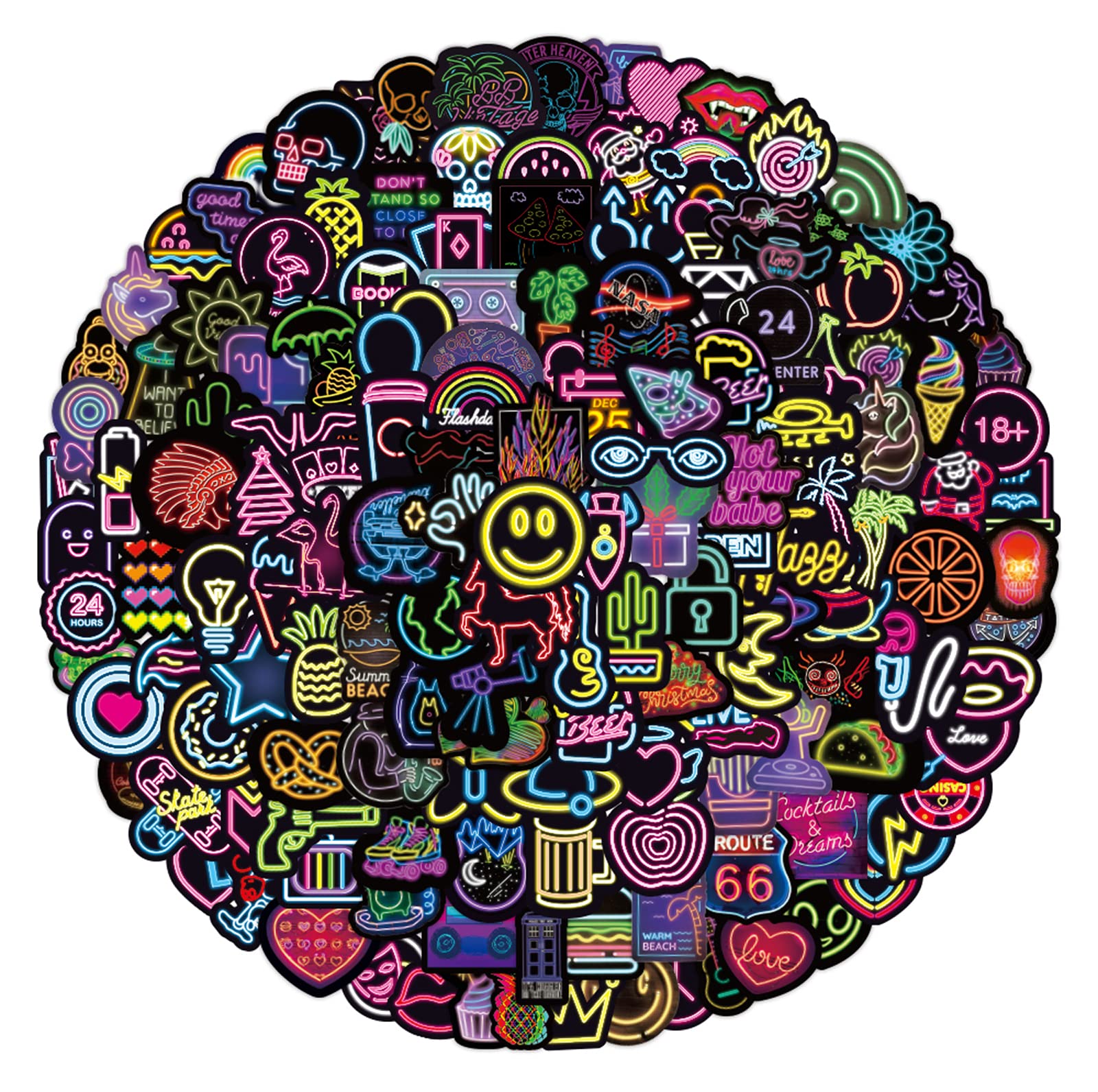 200Pcs Neon Style Stickers Decals, Cool Neon Light Stickers for Kids Teens Adults, Waterproof Vinyl Stickers for Laptop Water Bottle Guitar Skateboard