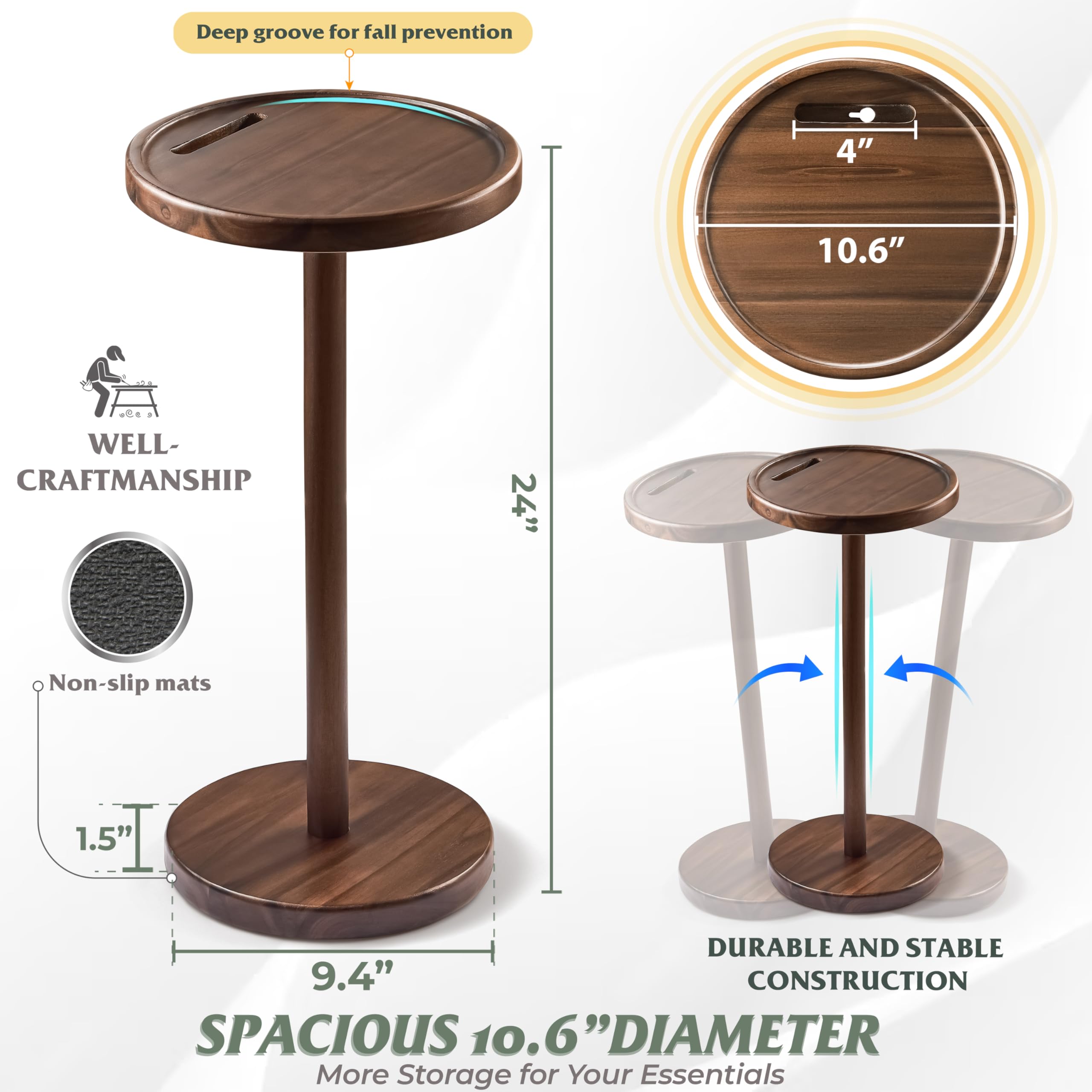 Mesa de bebidas, mesa auxiliar compacta de 24.4 pulgadas de alto con ranura para teléfono y base pesada, mesa de pedestal duradera para sala de estar (plana, nogal) 3