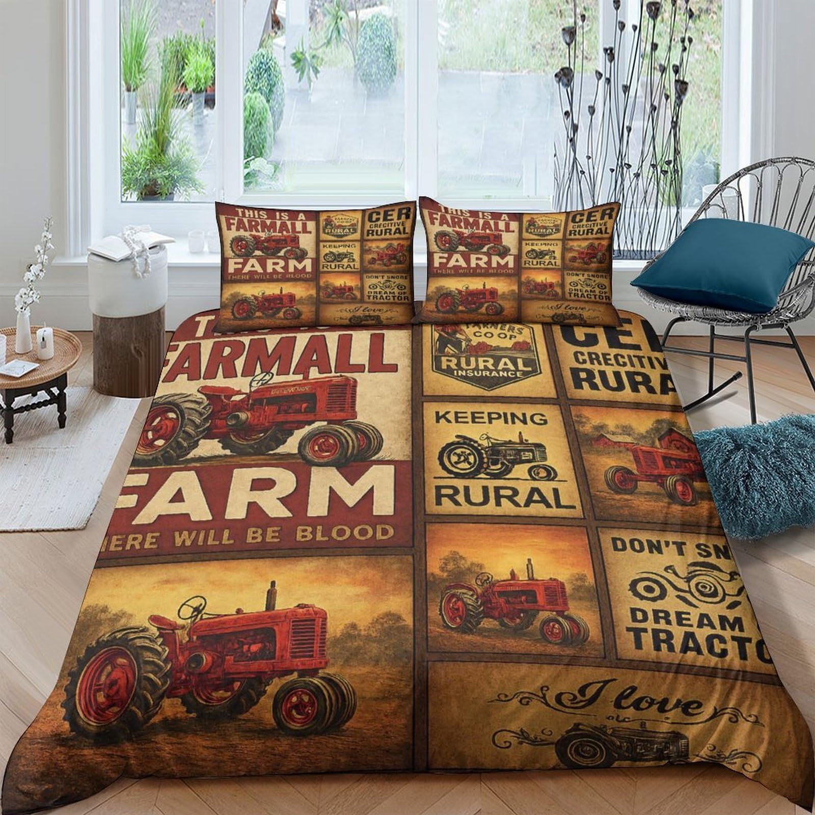 Ctjqhvkz Style-2 3D Printed Vintage Red Tractor Fitted Sheet Microfiber Non-Slip Farmhouse Bed Cover For Bedroom Guest Room Decor Single（135X200cm）