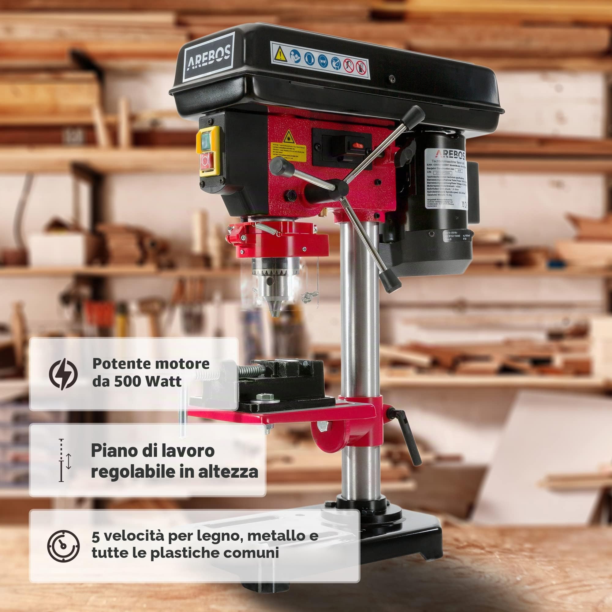 Arebos Trapano a colonna da banco 500 W | Posizione laser | 2.500 Rivoluzioni al minuto | Regolazione del banco: 45° – 0 – 45° | Velocità selezionabili: 5 | Mandrino dentato da 13 mm