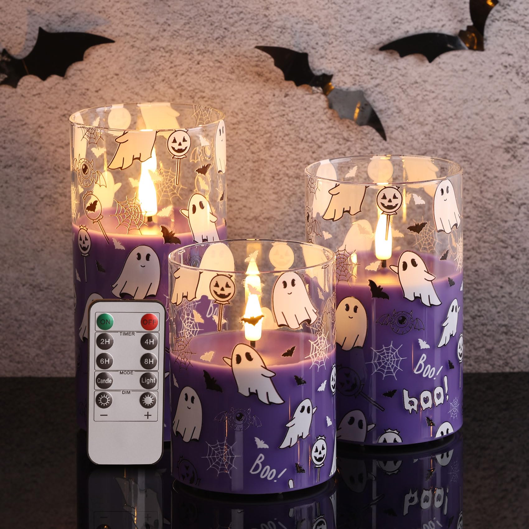 Candele in vetro senza fiamma con telecomando, candele a pilastro LED viola fantasma a batteria, set di 3