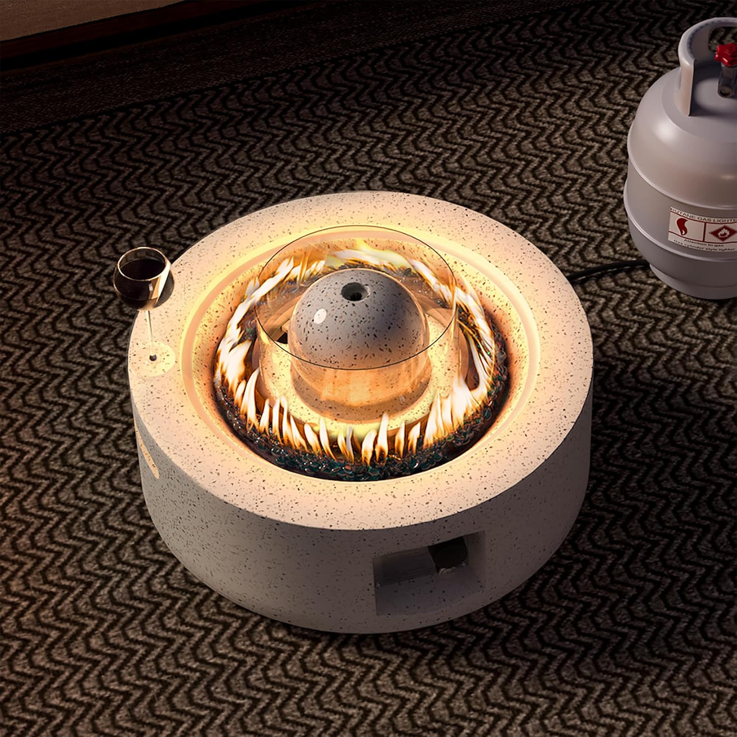 Round Gas Fire Pit 29 Inch Patio Fountain Fire Table 50,000 BTU - Outdoor Propane Fire Pit w Waterproof Cover, Blue Fire Glass & Grey Garden Decoration