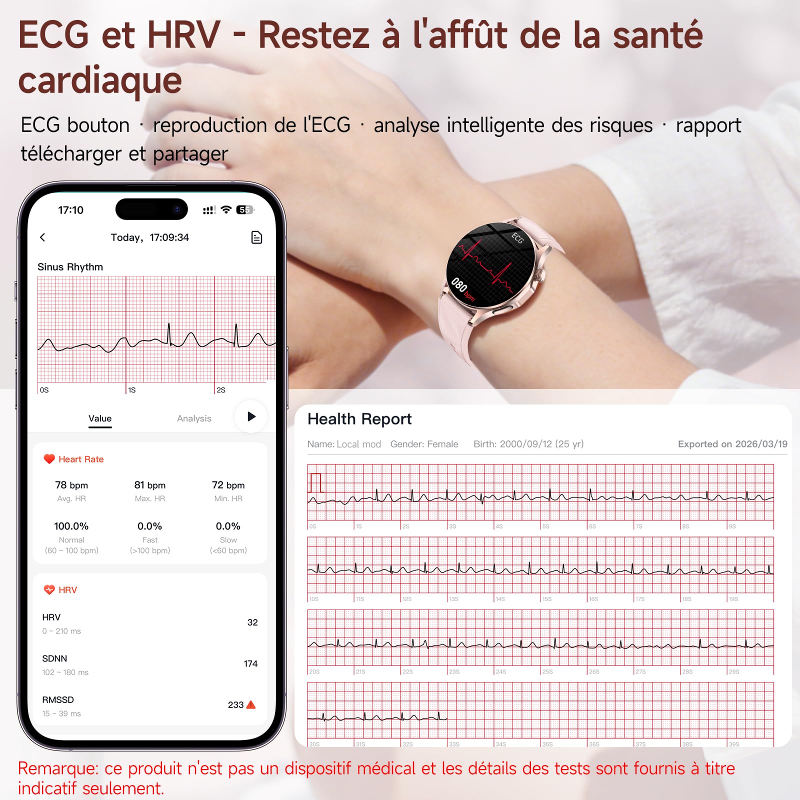 YUPENG Nouv’ Montre Connectée Femme avec ECG+HRV/Pressιon artérιelle/Acide Urique/IMC/Santé Féminine, 1,32" AMOLED Smartwatch avec 24H Fréquence Cardiaque/Sommeil/SOS/SpO2, Android iOS