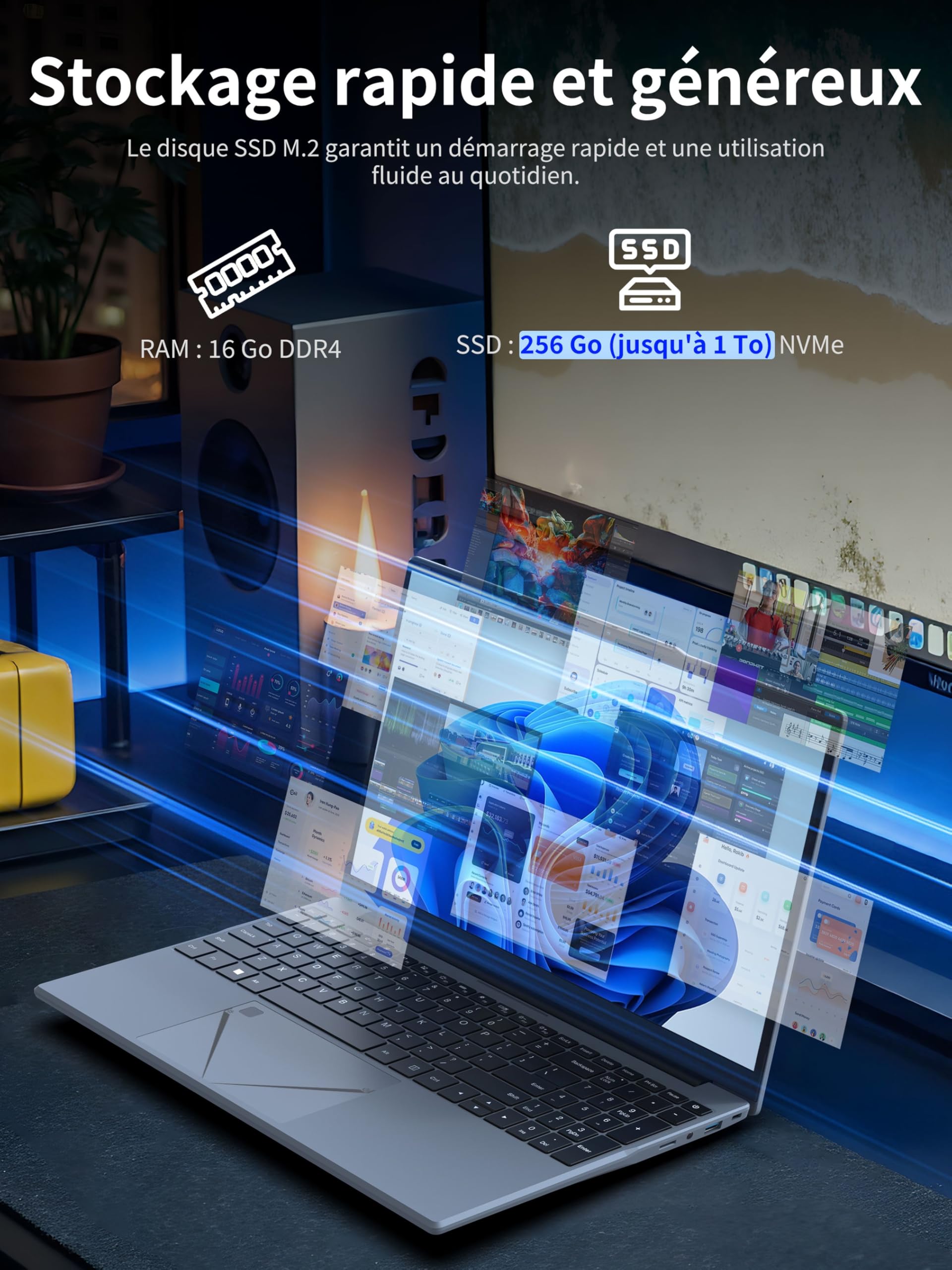 Amita PC Portable 15,6" FHD, Ryzen 5 3500U (Jusqu’à 3,7 GHz), Quad-Core, 16 Go RAM, SSD Ordinateur Portable Léger avec Touchpad Innovant & Webcam avec Interrupteur de Confidentialité, (450, Go)