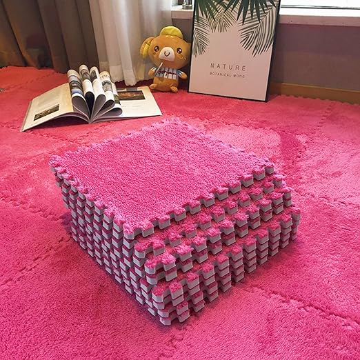Interlocking Carpet Shaggy Soft EVA Foam Mats Fluffy Area Rugs Protective Floor Tiles Exercise Play Mat for Children Kids Room Home Parlor Bedroom (12 Pcs, Rose)