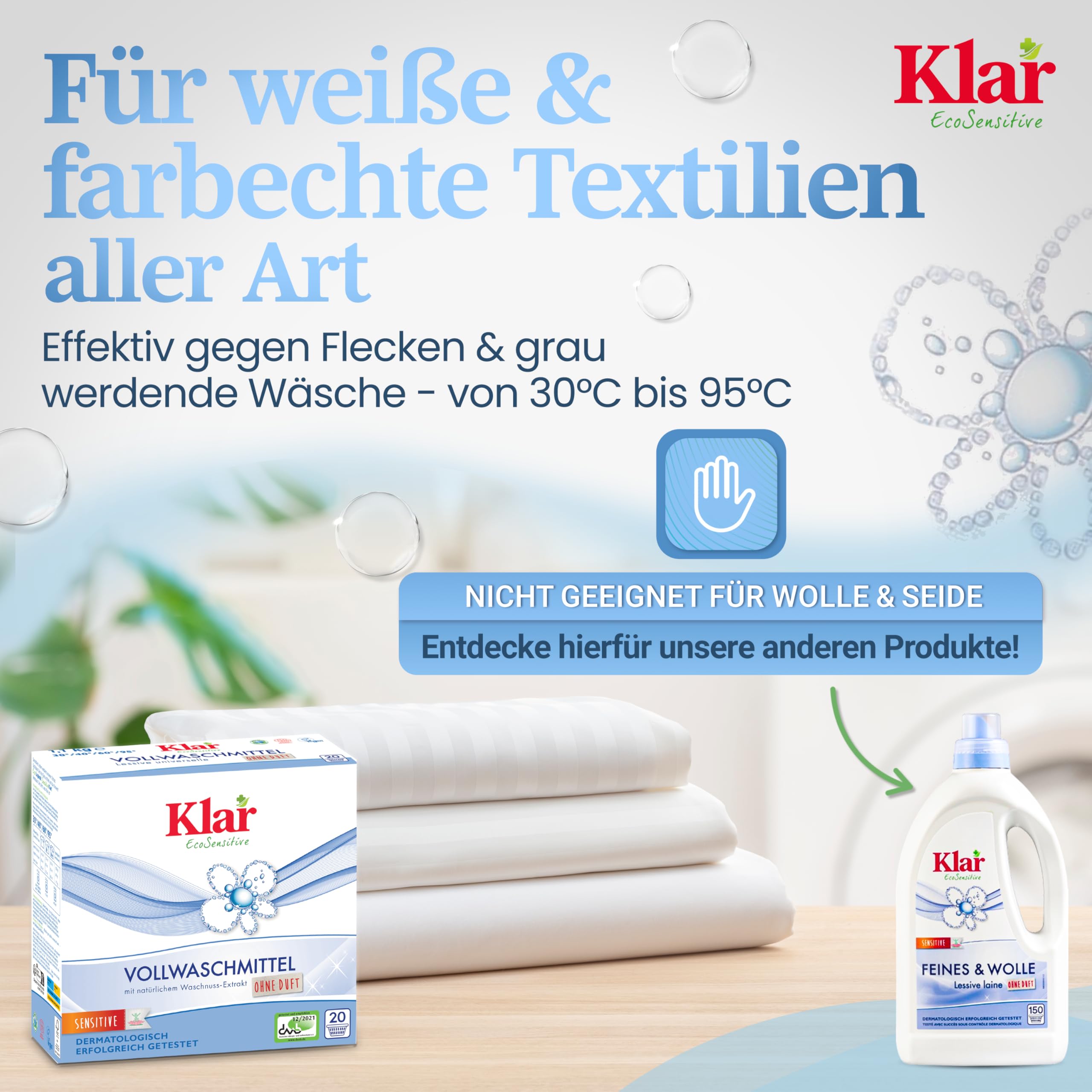 Klar Vollwaschmittel Pulver Sensitive 6x1,1kg - 120 Ladungen - Allergiker Waschpulver ohne Duft - Bio Waschmittel Pulver mit natürlichem Waschnuss Extrakt - VEGAN & Enzymfrei