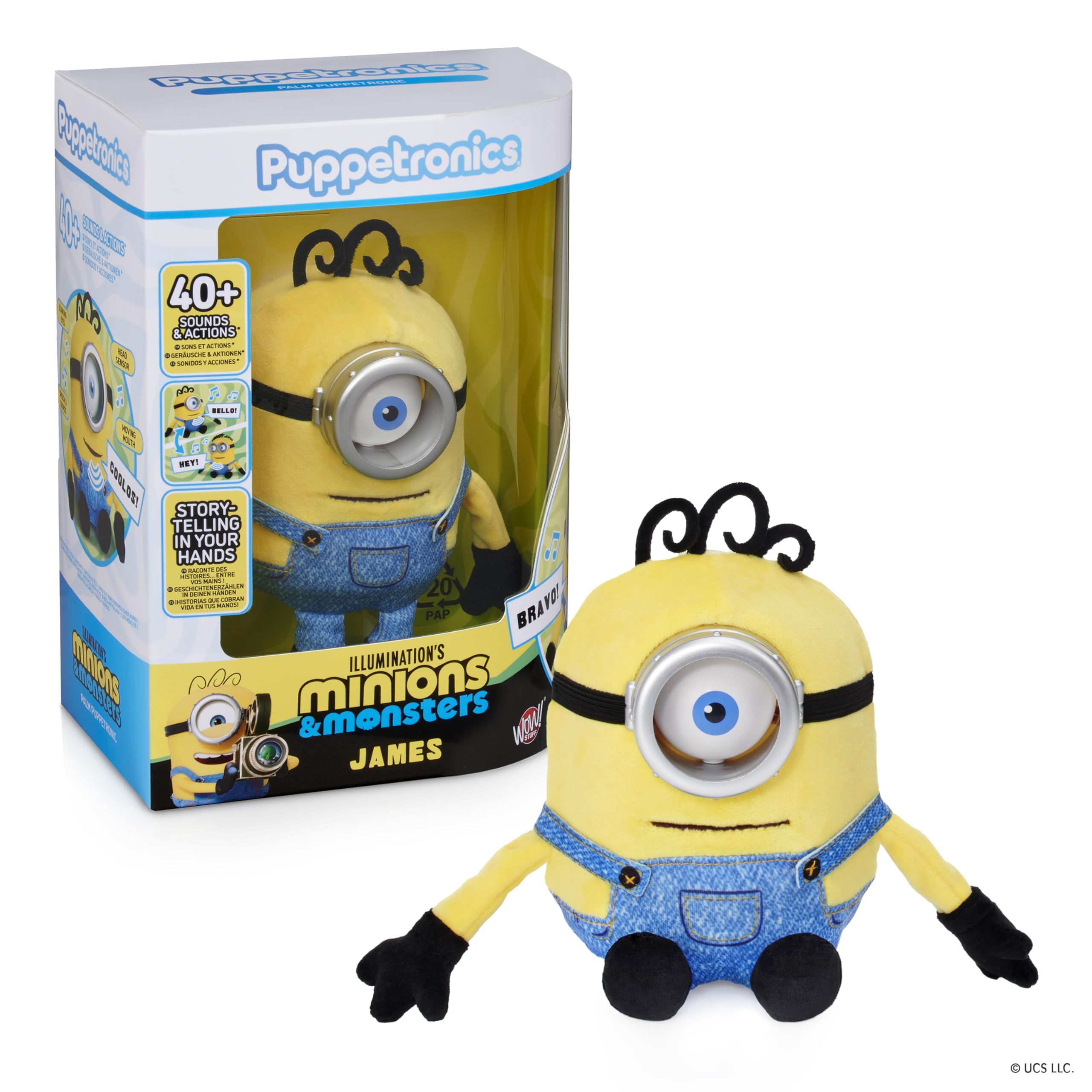 WOW! STUFF Minions Palm Puppetronic - James | 40+ Sounds and Actions | Blinking Eye & Moving Mouth | Pairs with Minions Henry & Dick Palm Puppetronics | For Fans Age 6+
