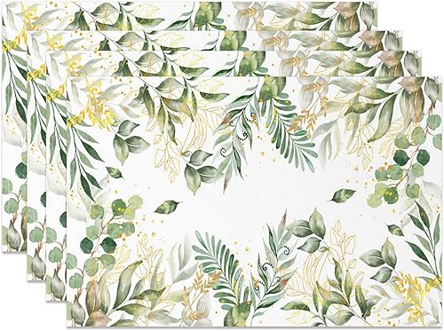 Miniatura 9 de AOFOTO Juego de 4 manteles individuales con estampado de hojas de acuarela, verde salvia primavera, color verde y dorado, manteles individuales