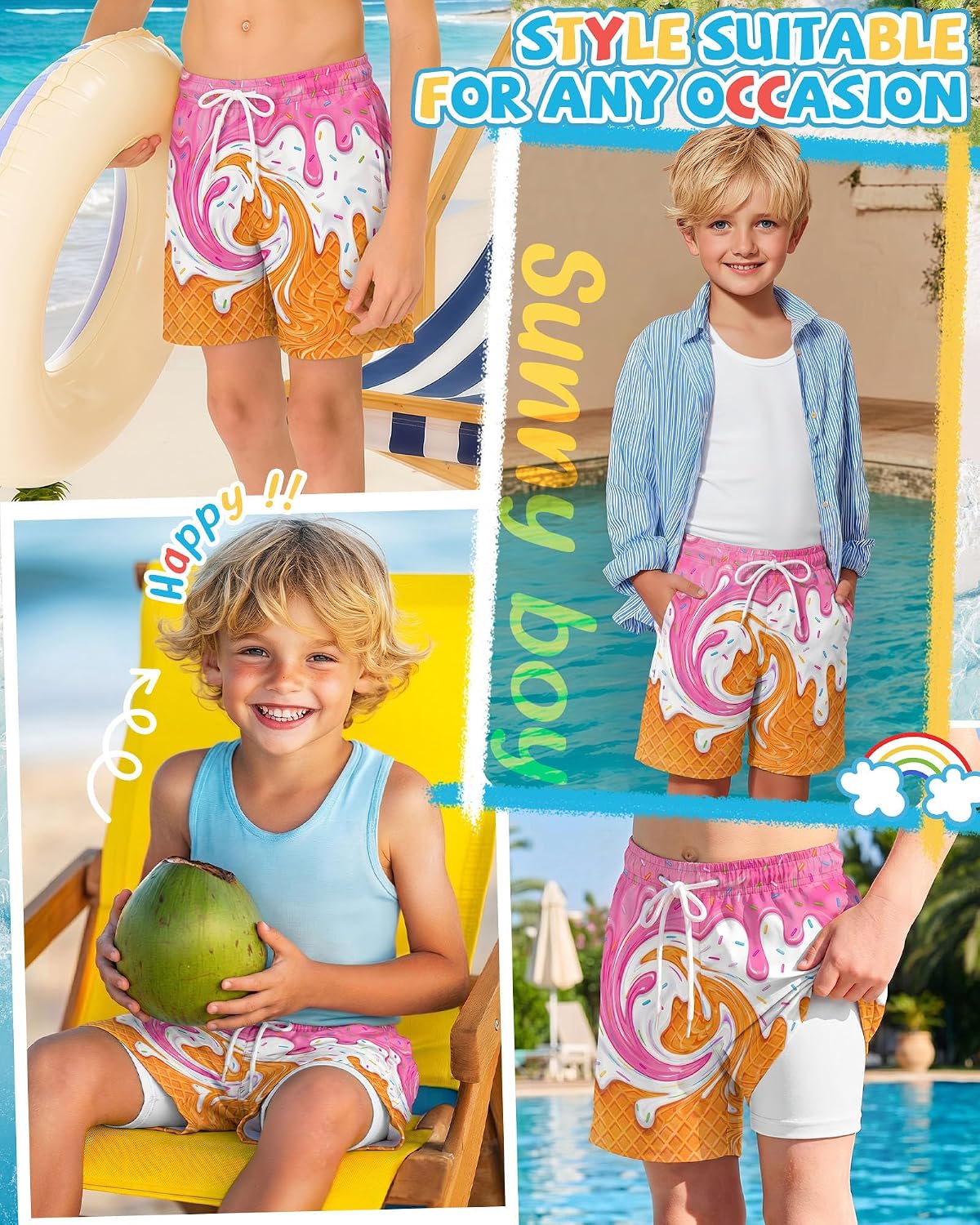 Yooo's Vivi Boys Swim Trunks with Compression Liner Kids Quick Dry Beach Shorts Stretch Casual Bathing Suit with Boxer