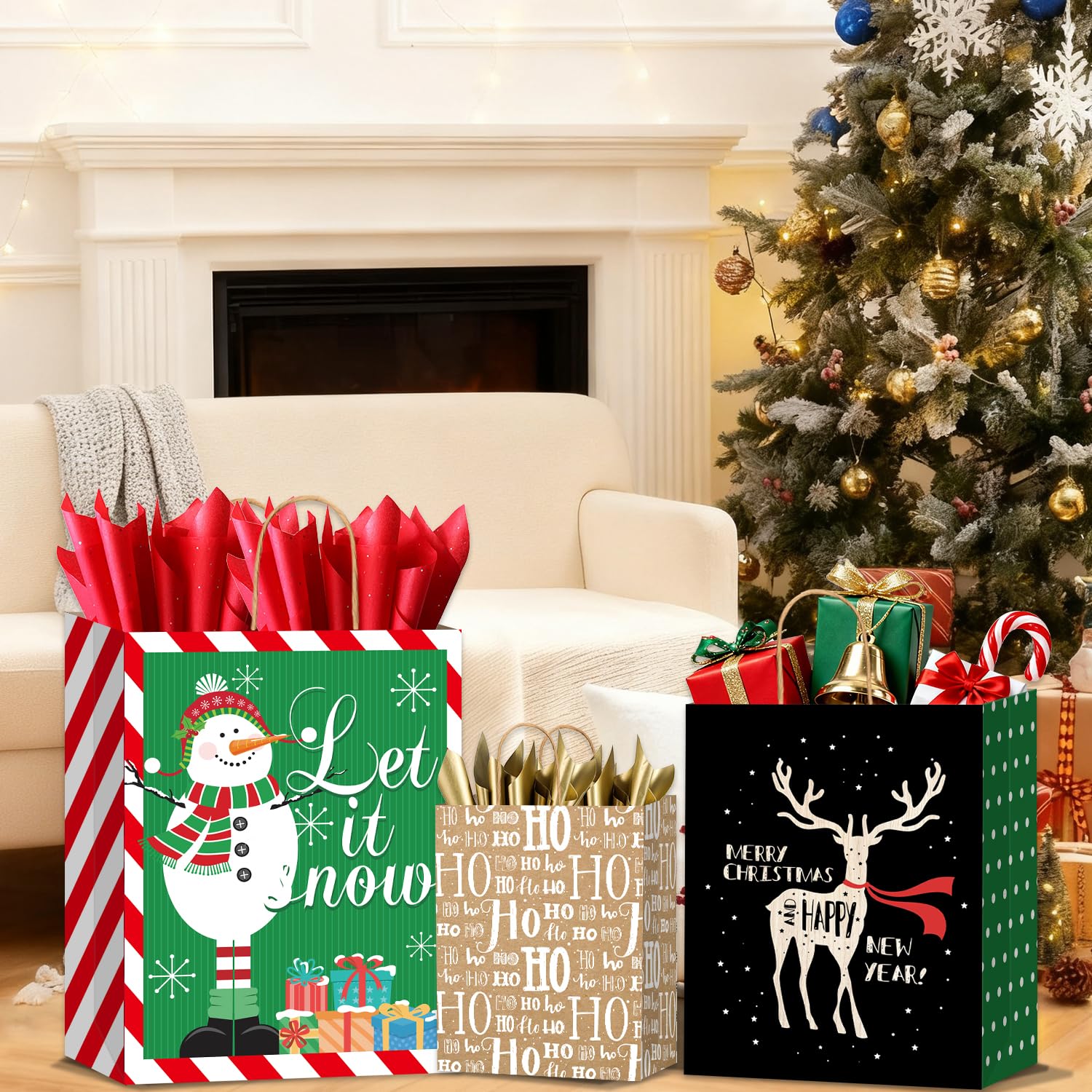 Nimbbex Confezione da 24 sacchetti di carta kraft per regali di Natale, con manici, dimensioni assortite, per feste di Natale, confezioni regalo di Natale (8 Jumbo, 8 grandi, 8 medi)