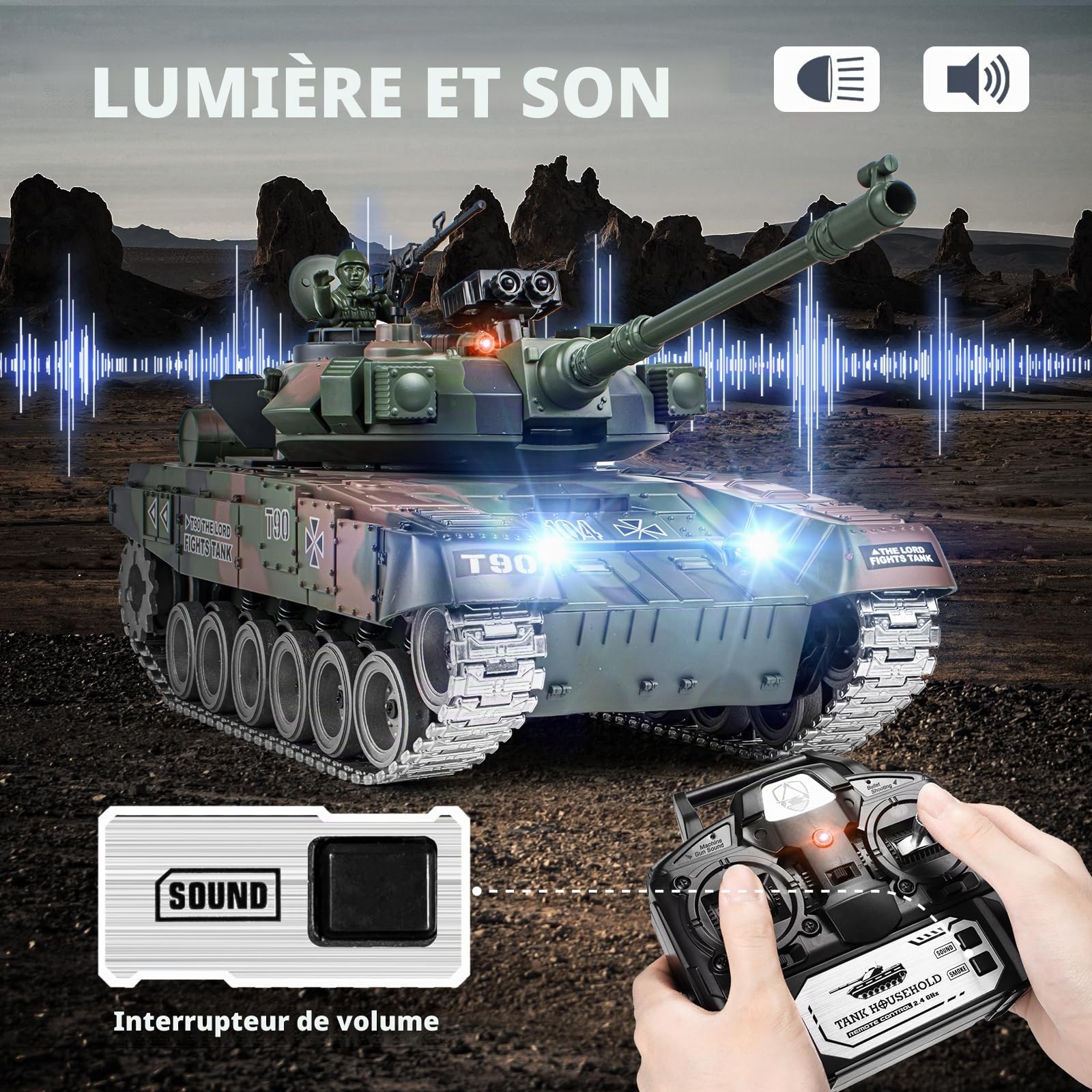 Supdex Tank Telecommande RUS T-90, Char Télécommandé 1/18, Maquette 2,4GHz Modèle de Combat, RC Char pour Adultes et Enfants, Modèle de Combat avec Tir et Son Réaliste