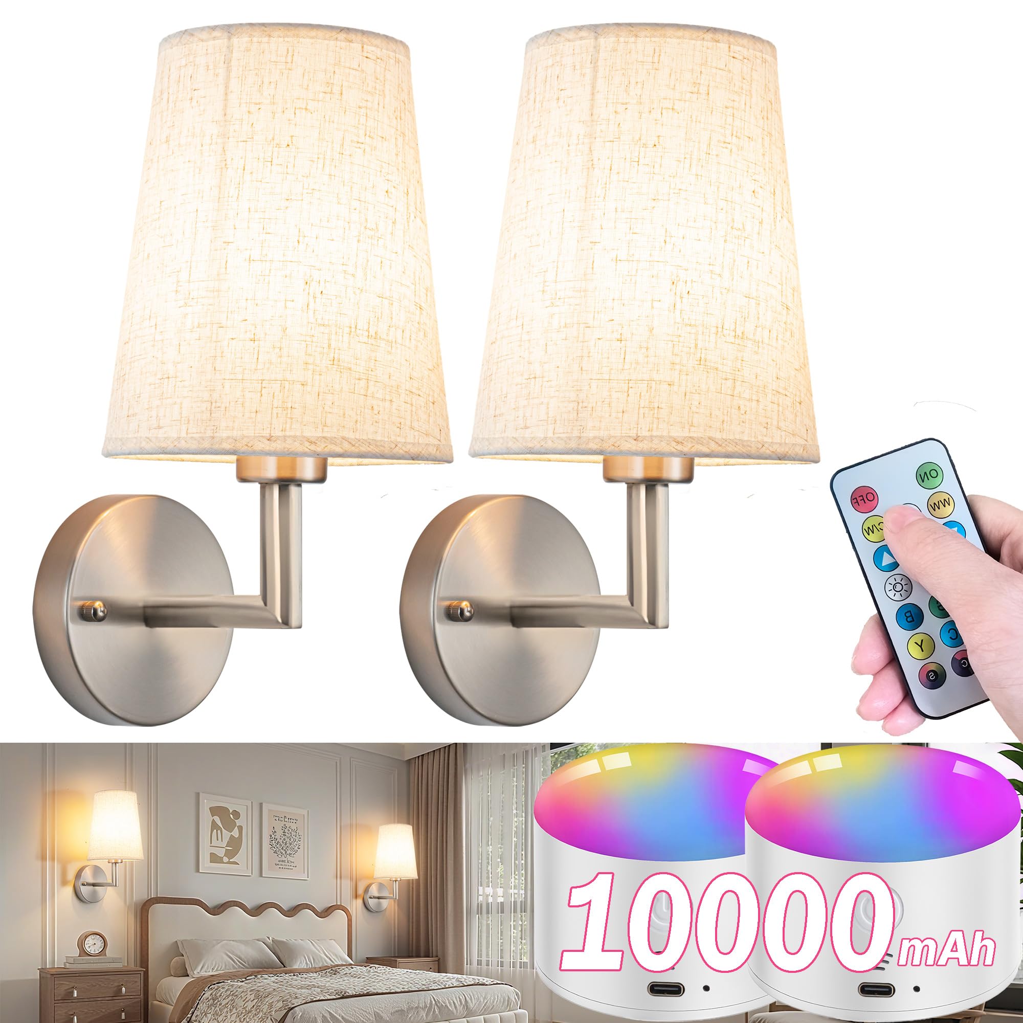 Photo 1 of Wall Sconce Battery Operated Wall Light Fixure with Remote Control, Dimmable Battery Operated Wall Sconces Set Of Two, Indoor Wireless Wall Mounted Lamp with Rechargable Bulb For Bedroom Living Room