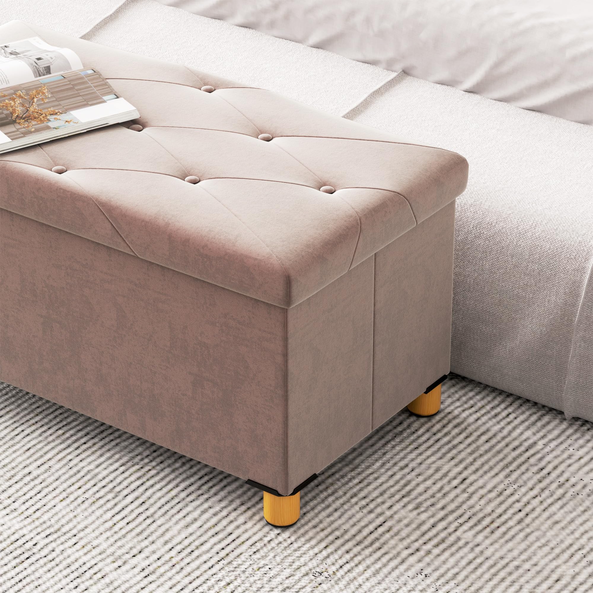 HOMCOM Banc de Rangement, Bout de lit, Pliable, 76 x 38 x 38 cm, Volume 67 L, capacité de Charge 120 kg, avec Couvercle, pour Chambre, Couloir, Salon, Rose