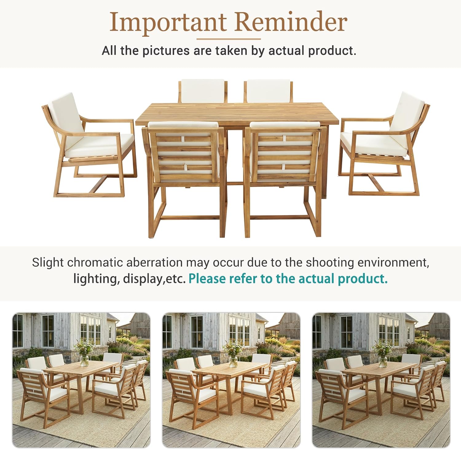 RUNNA Outdoor Dining Set 7-Piece Outdoor Dining Set Patio Table and Chairs Set Modern Outdoor Furniture Set for Patio, Backyard,Garden (Teak+ Beige#31)