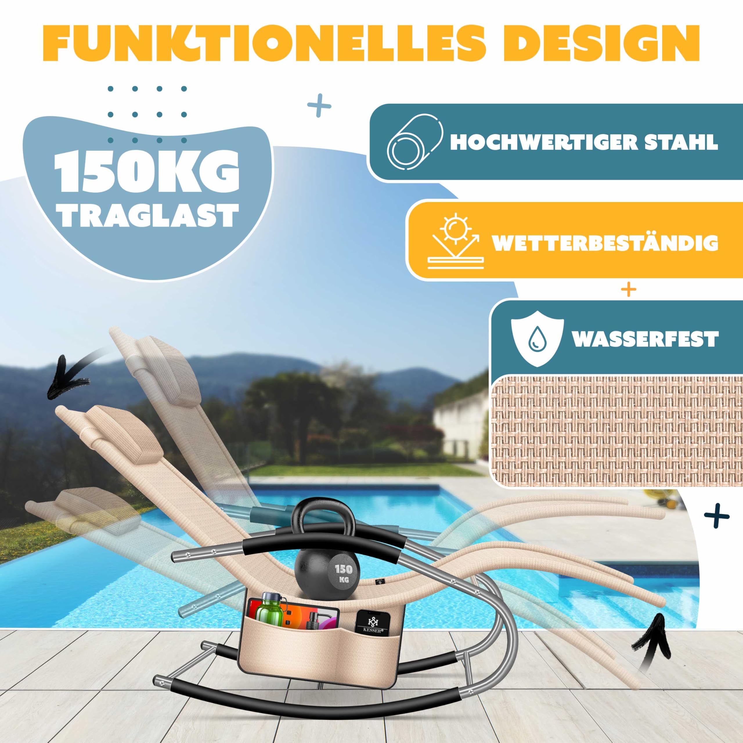 KESSER® Lettino da sole e da relax | Lettino a dondolo e da giardino | Sedia pieghevole e a sdraio | Poltrona a dondolo con seduta reclinabile ergonomica