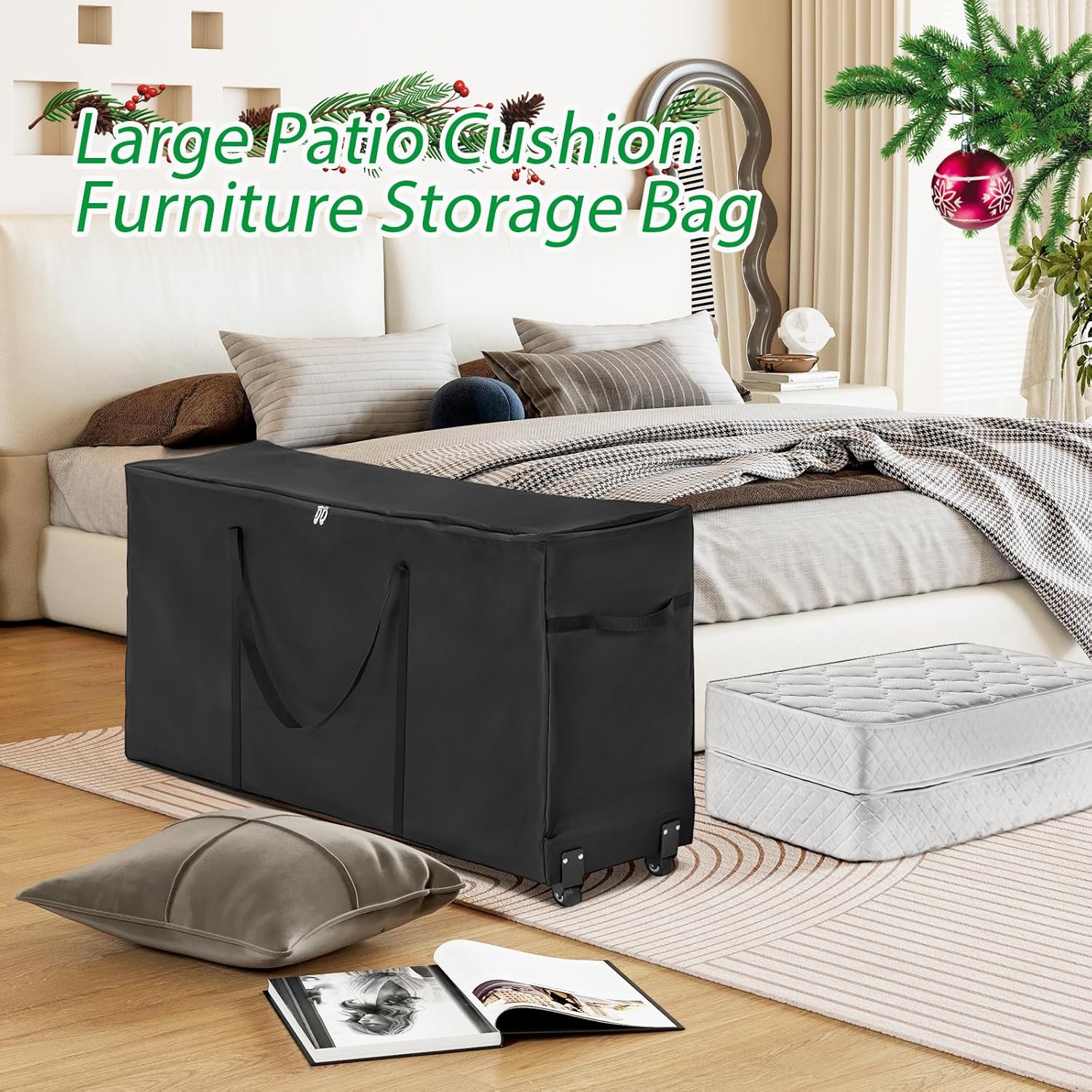 7.5 ft Rolling Christmas Tree Storage Bag with Wheels, Outdoor 600D Cushion Storage Bag, Waterproof Zippered Patio Cushion Furniture Storage 50x15x25 Inch, Black