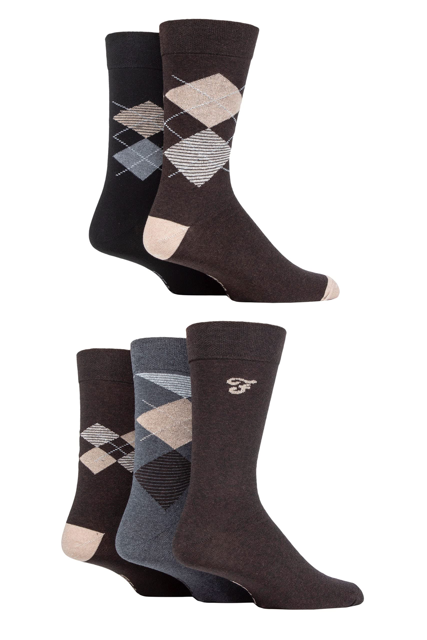 Farah Mens Cotton Socks Striped and Argyle Patterned Designs Calf Length Pack of 5 - Argyle Brown 6-11