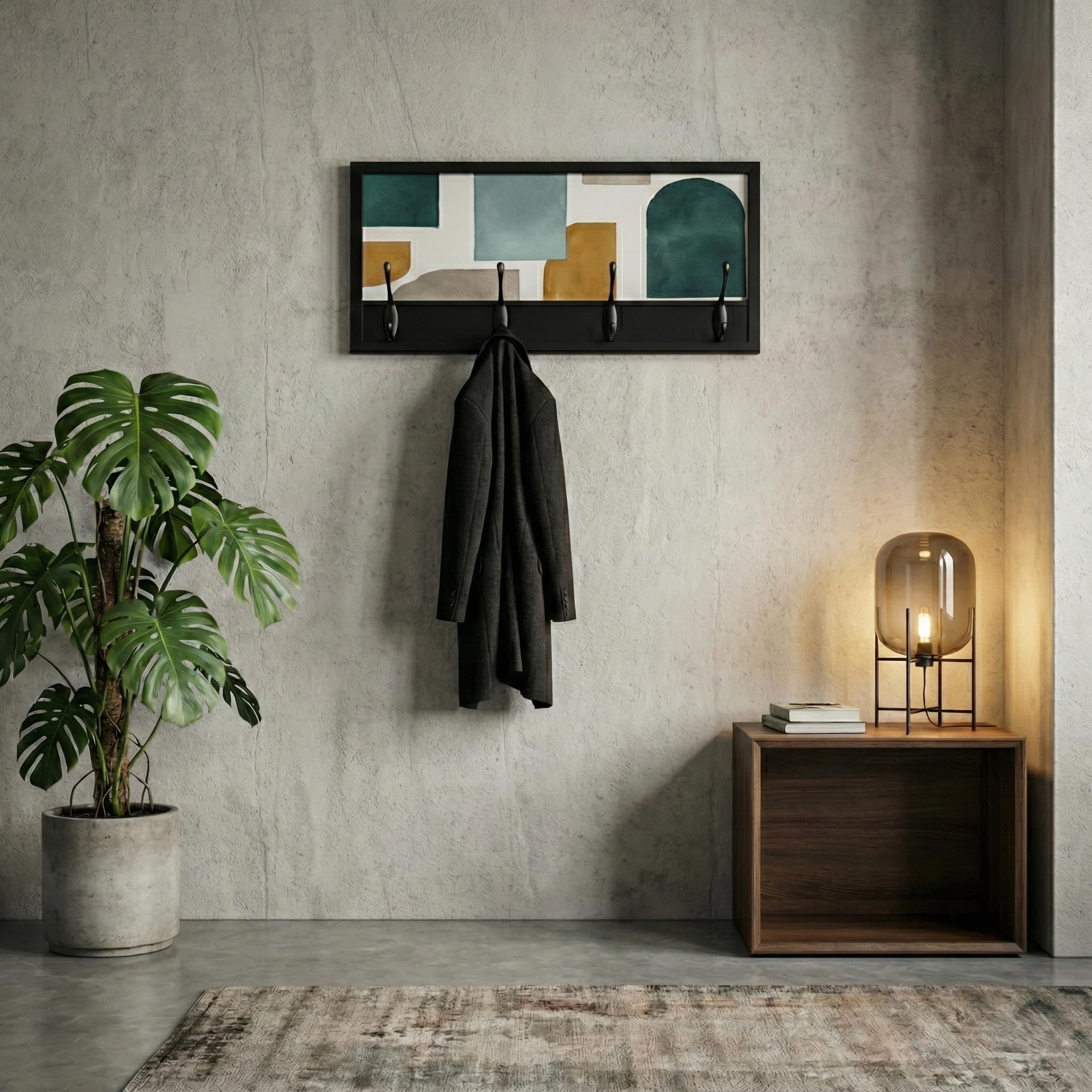 Perchero Pared Madera 52x25cm Contemporáneo Negro 4 Ganchos | Hecho en España. 4 ganchos dobles (8 colgadores) para ropa y abrigos. Ideal para entrada, salón u oficina.