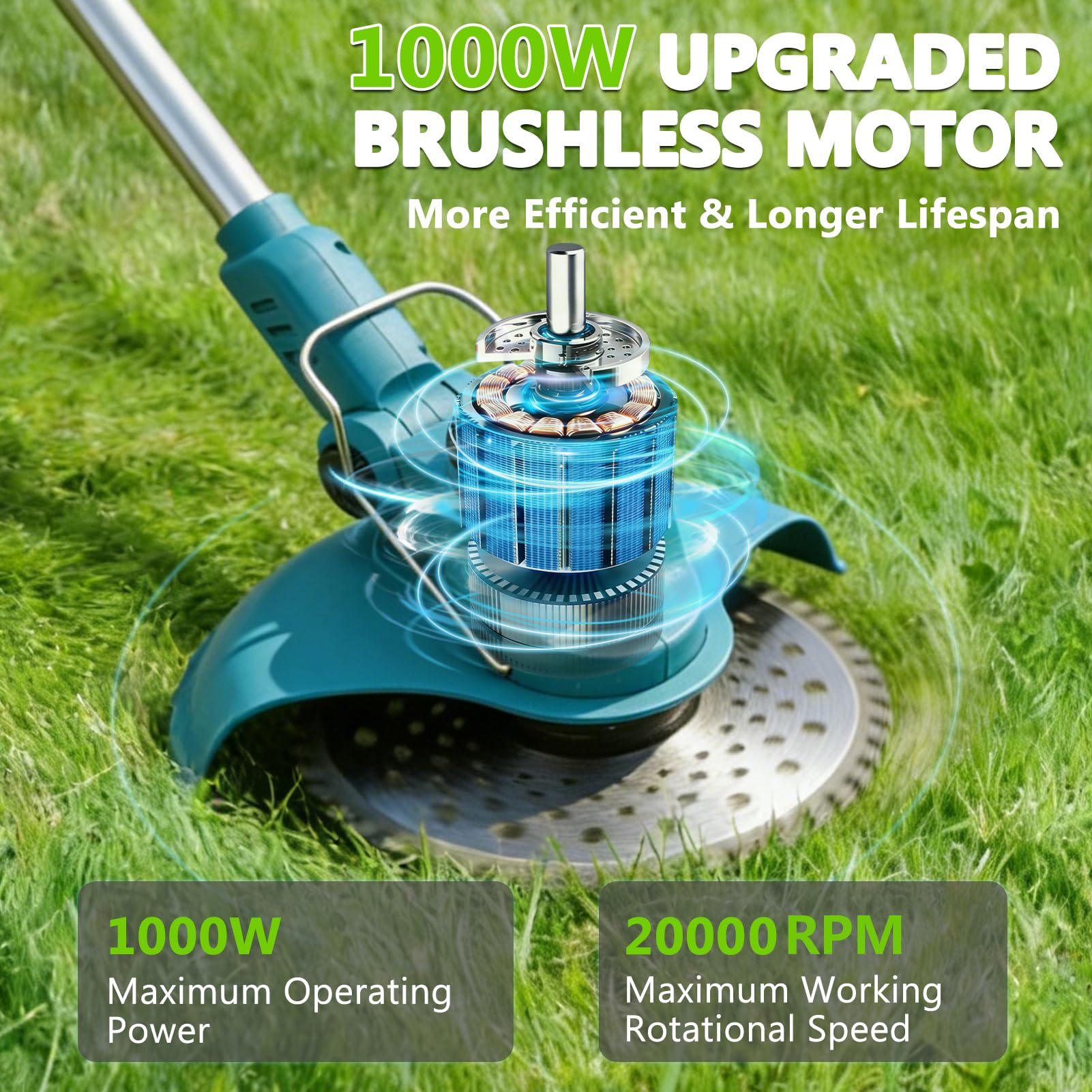 TOPALL Debroussailleuse Electrique Sans Fil, Coupe Bordure Sans Fil avec Batterie 2*4Ah, Debrouissalleuses Batterie avec 1000W Bushesless, 20000trs/min, Coupe 20cm, 5 Types Lames et Brosses Désherbage