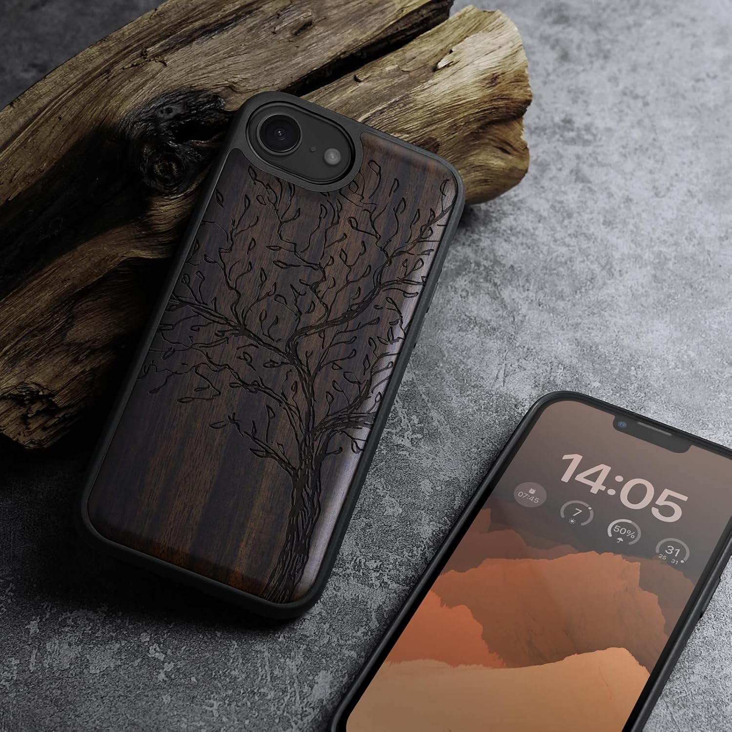 Carveit Magnetic Wooden Case for iPhone 16e / 17e, Solid Wood & TPU, Artisan Engraved Design, Shockproof Cover, Compatible with MagSafe Wireless Chargers, The Vintage Olive Tree - Blackwood