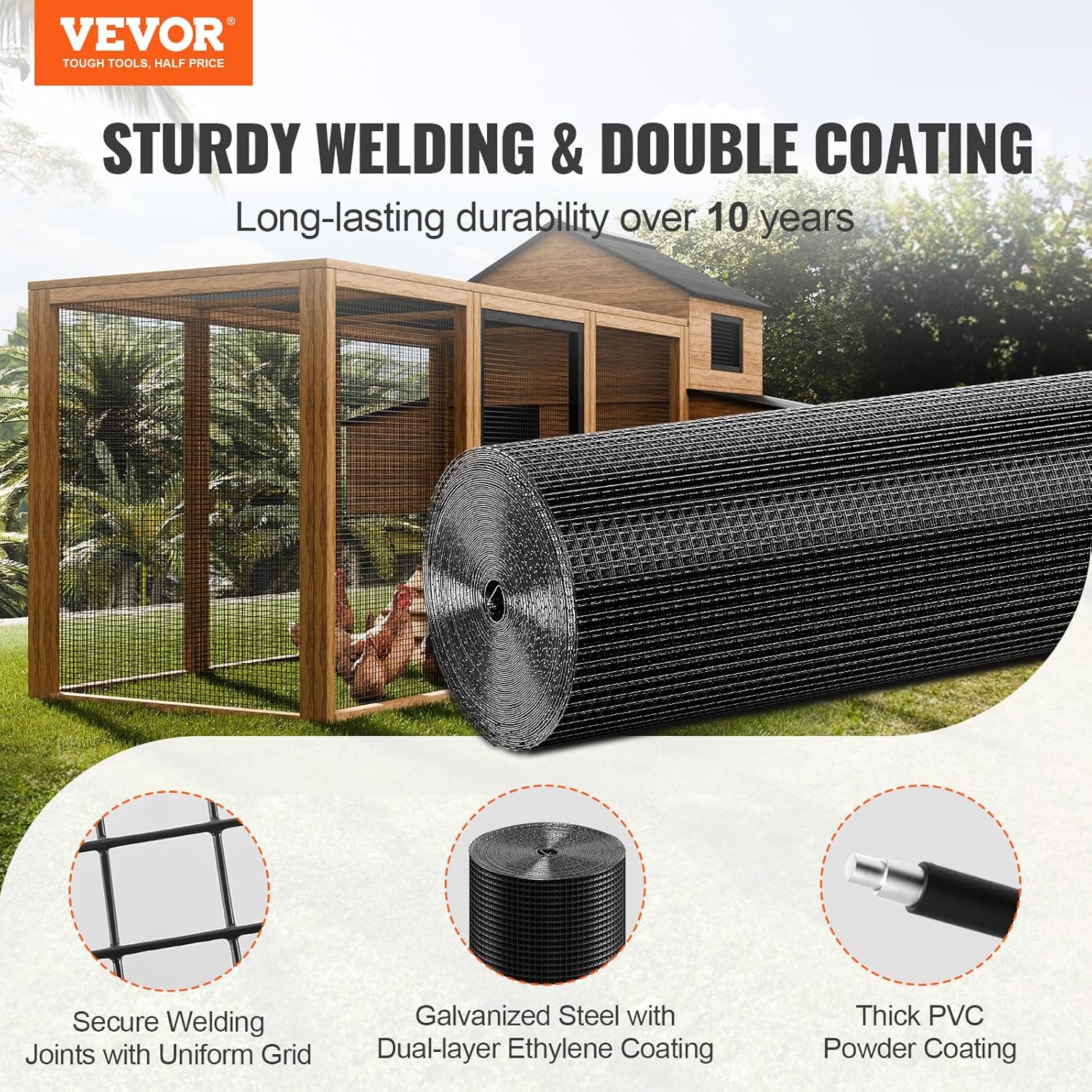 VEVOR Hardware Cloth, 48'' x 100' 1/2inch Galvanized Wire Mesh Roll, 19 Gauge Chicken Wire Fencing Roll, Vinyl Coating Metal Wire Mesh for Chicken Coop Barrier, Rabbit Snake Fences, Poultry Enclosures