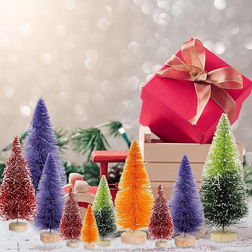 Miniatura 2 de 8 piezas de mini árbol de Navidad, árbol de Navidad artificial pequeño con base de madera, árboles de cepillo para botellas, colores surtidos para