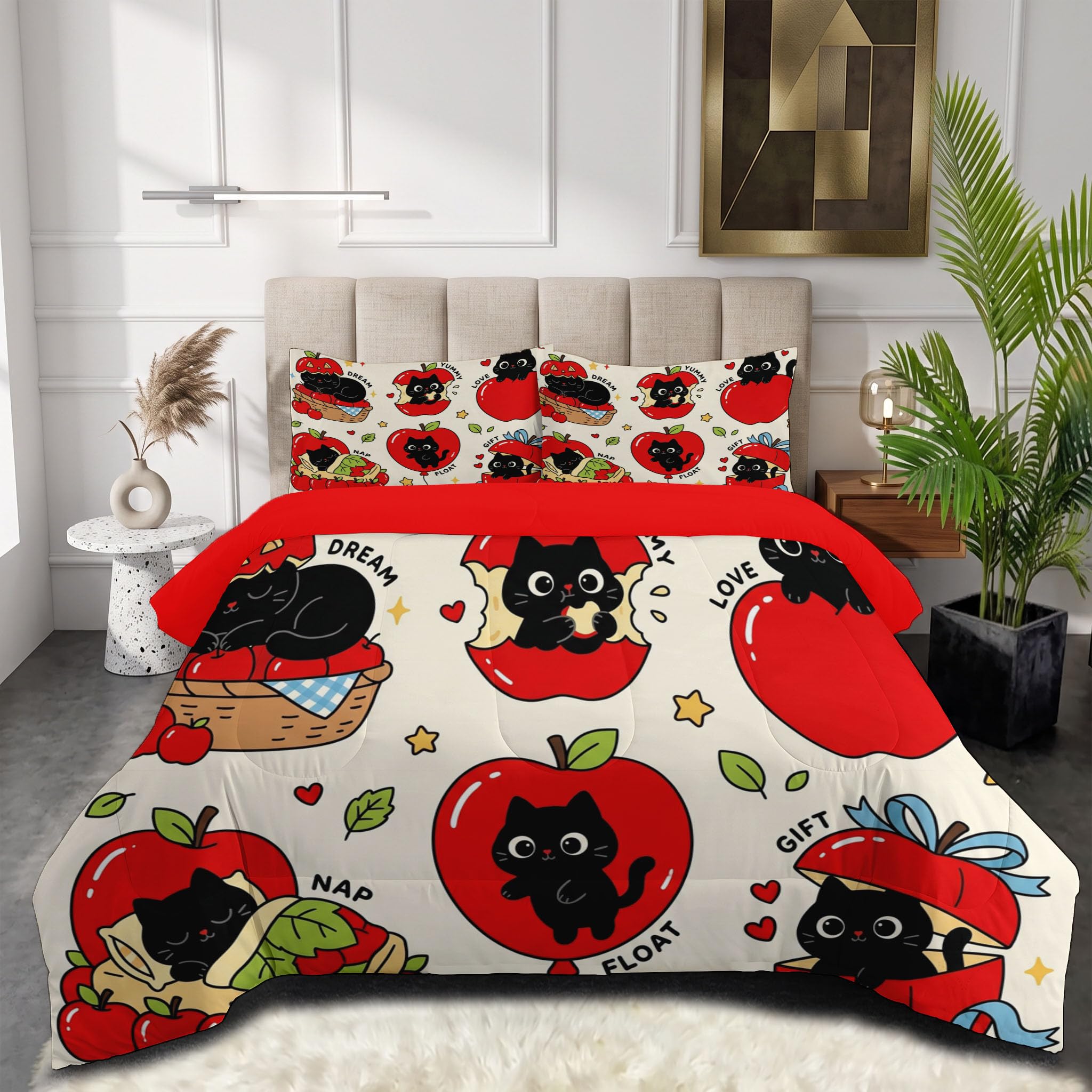 Copriletto Trapuntato Per Bambini Con Gattino Carino Con La Mela | Trapunta Singolo Invernale, Rosso, Piumone Caldo Morbido Divertente Tema Sugli Animali Per Decorazione Camera Da Letto