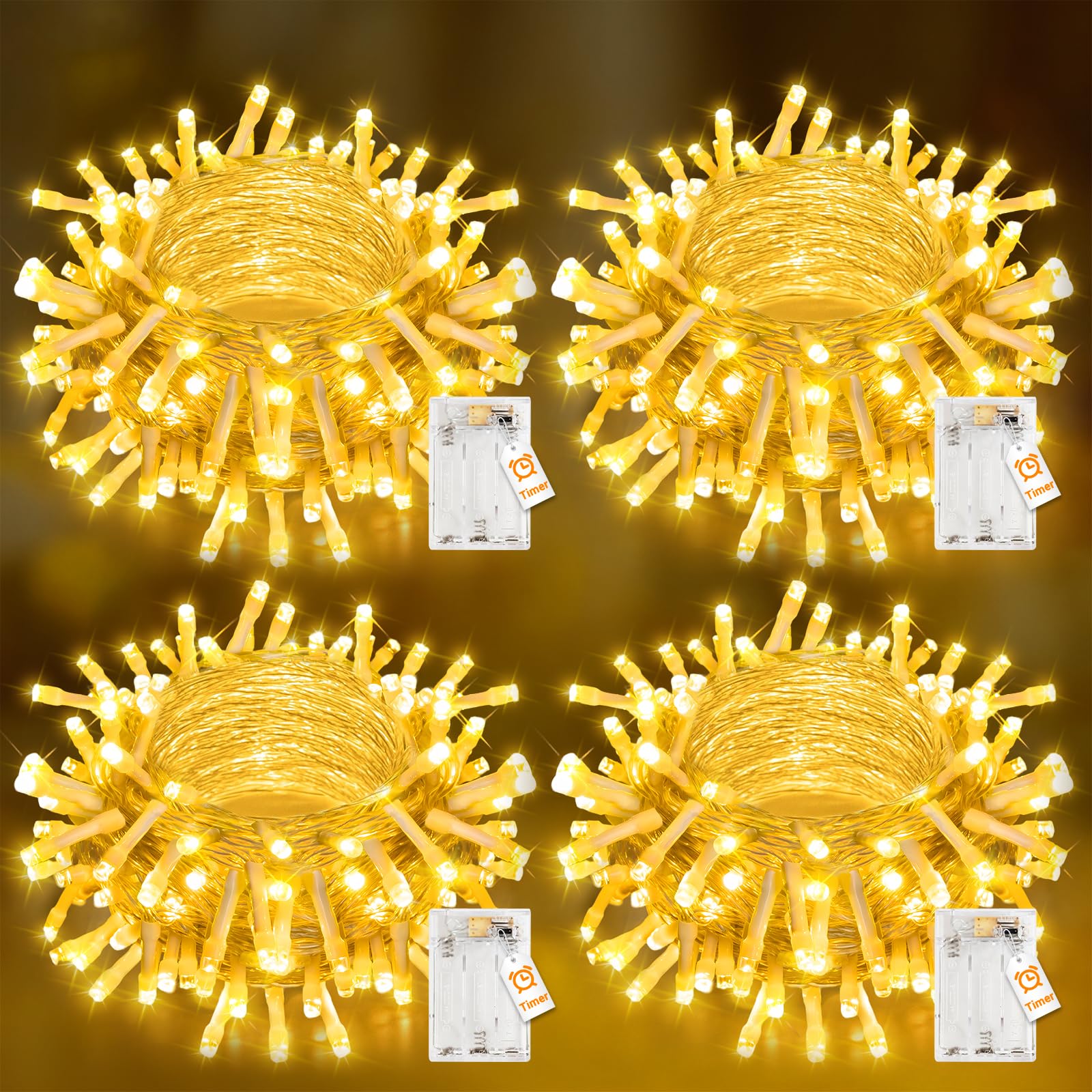 Peasur Fairy Lights Battery Operated with Timer, 10M 100 LED String Lights Indoor/Outdoor, 2 Modes Christmas Twinkle Lighting for Bedroom Wedding Party Decorations, Warm White-4 Pack